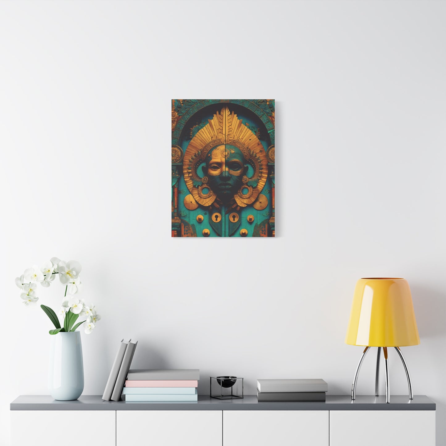 Gold & Teal Tribal Mask Matte Canvas Art — Stretched Wall Decor