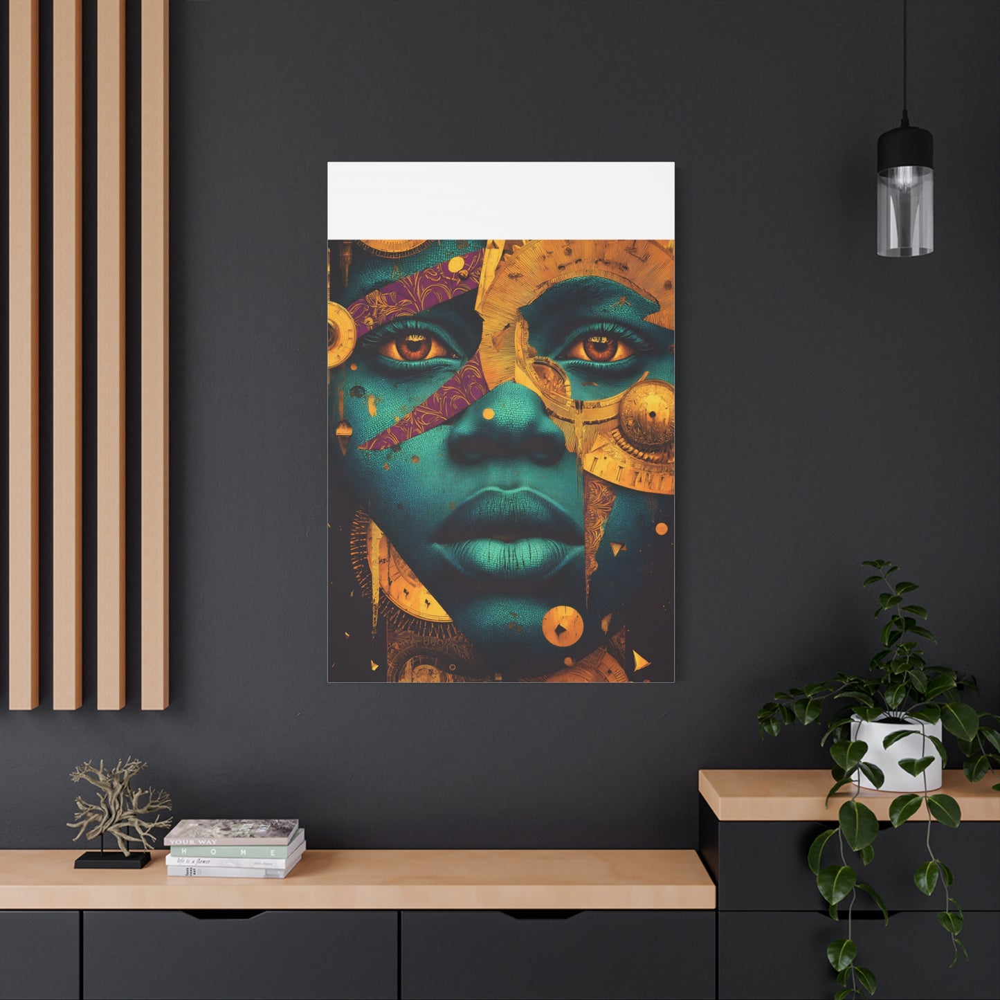 Afro-Futurist Portrait Matte Stretched Canvas — Teal & Gold Face Wall Art