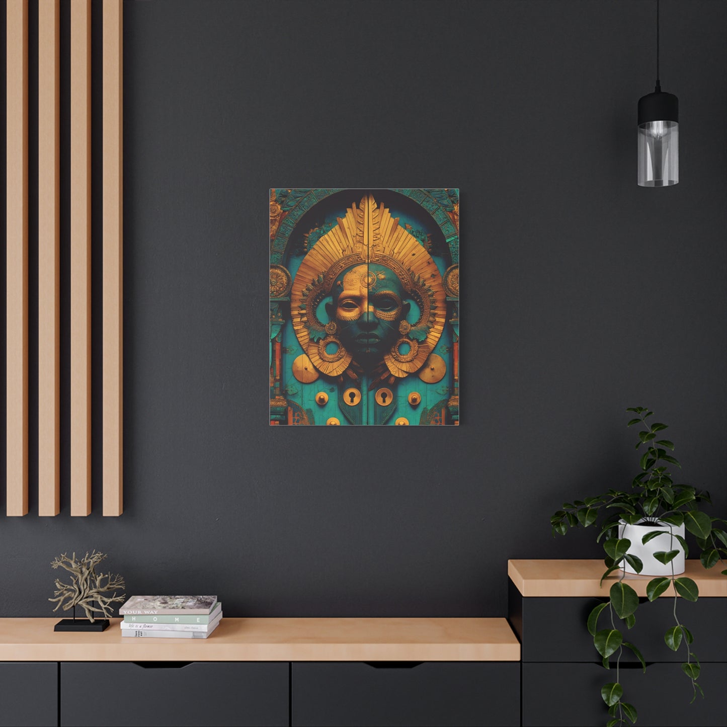 Gold & Teal Tribal Mask Matte Canvas Art — Stretched Wall Decor
