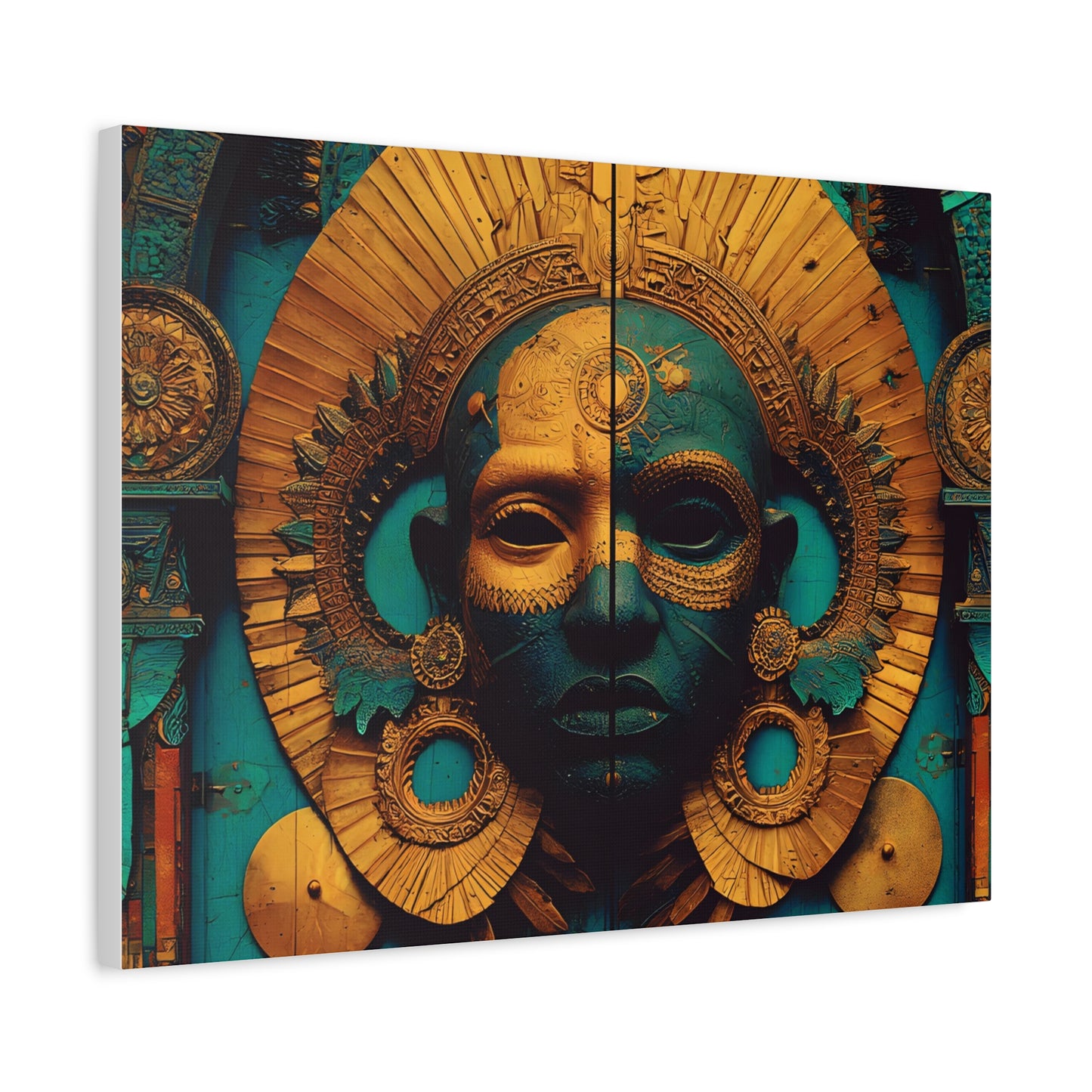 Gold & Teal Tribal Mask Matte Canvas Art — Stretched Wall Decor