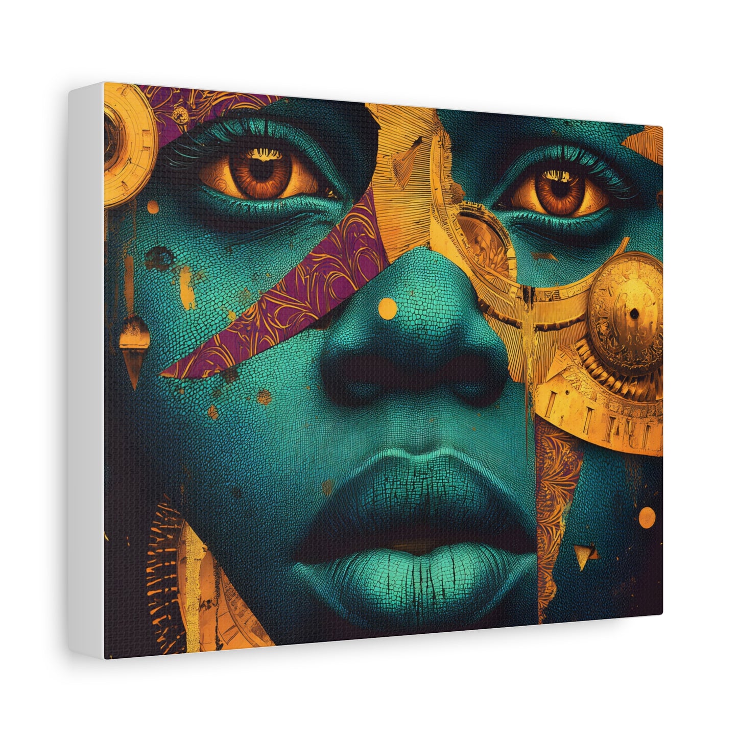 Afro-Futurist Portrait Matte Stretched Canvas — Teal & Gold Face Wall Art