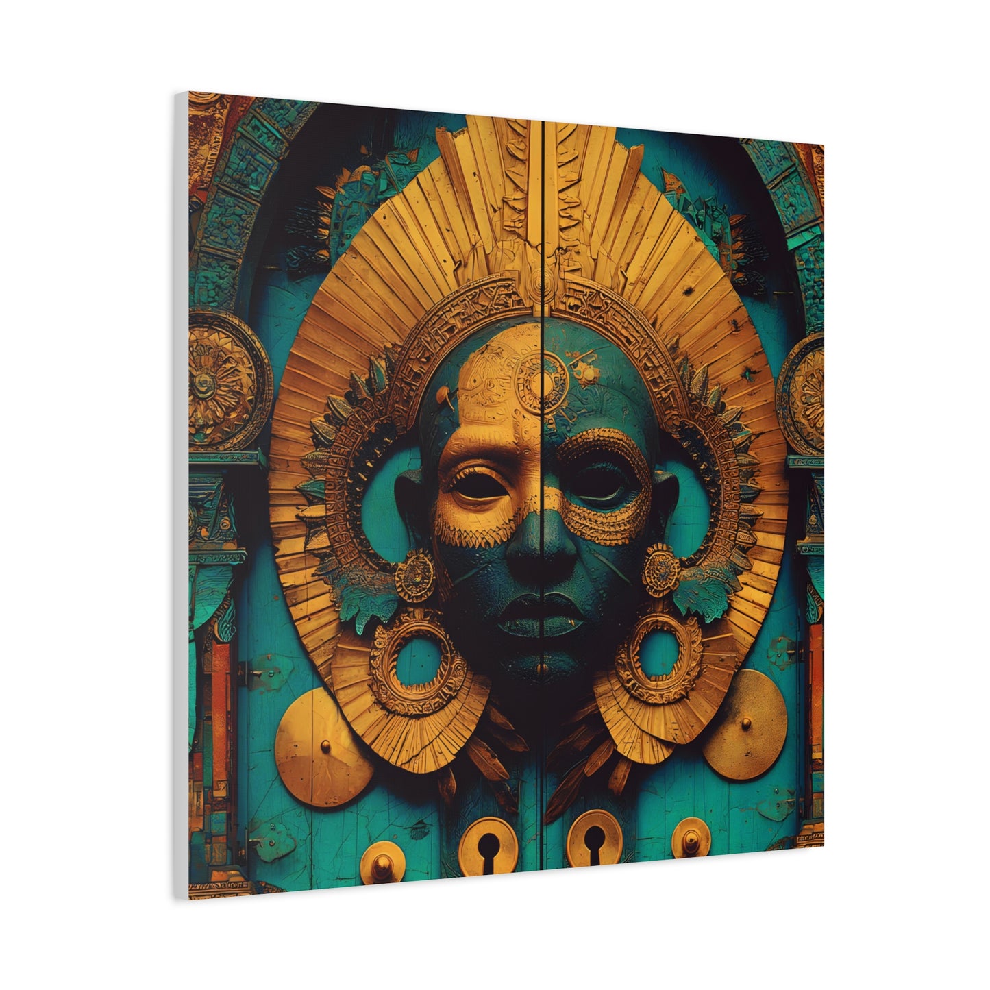Gold & Teal Tribal Mask Matte Canvas Art — Stretched Wall Decor