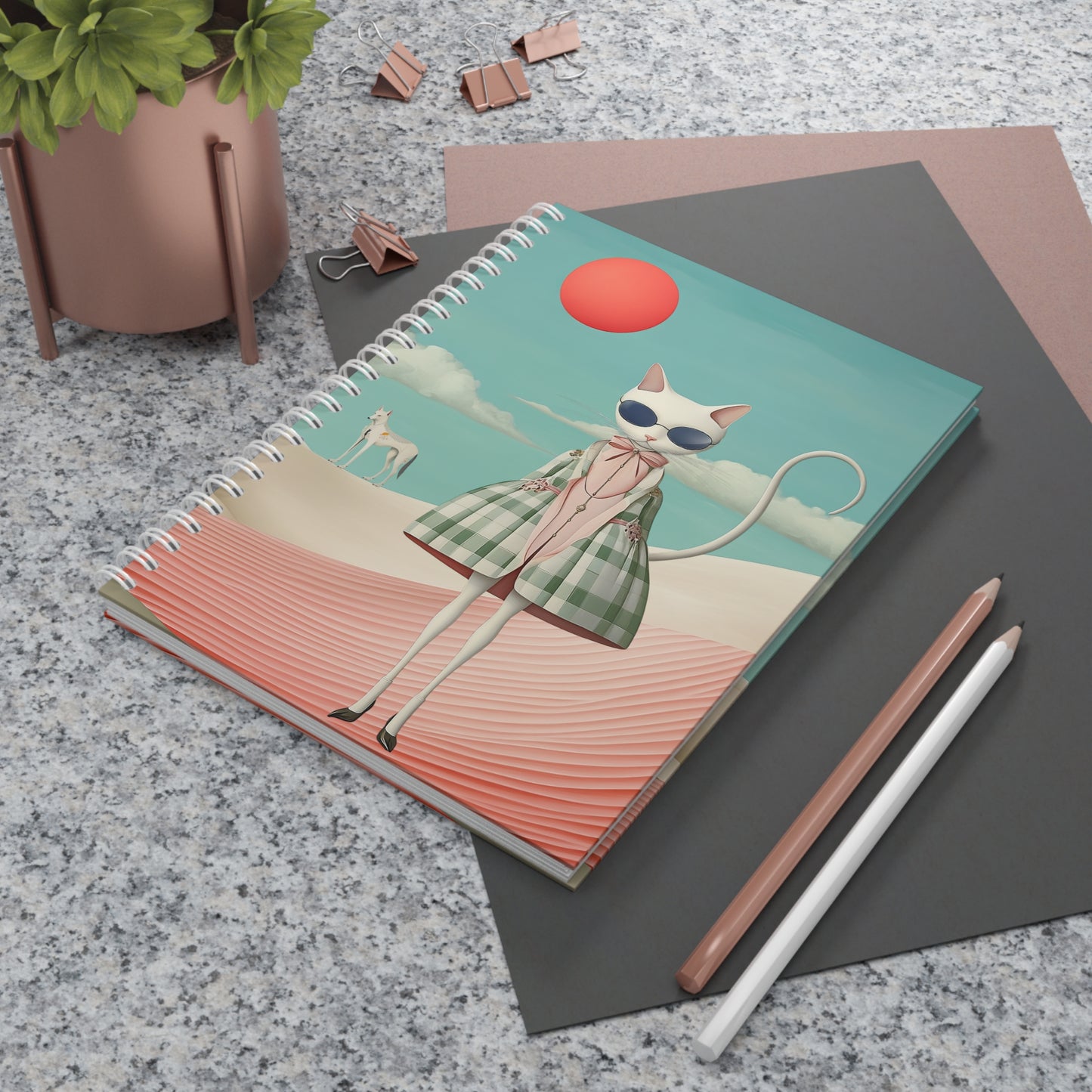 Cat Fashion Spiral Notebook — Retro Surreal Cat in Sunglasses Journal