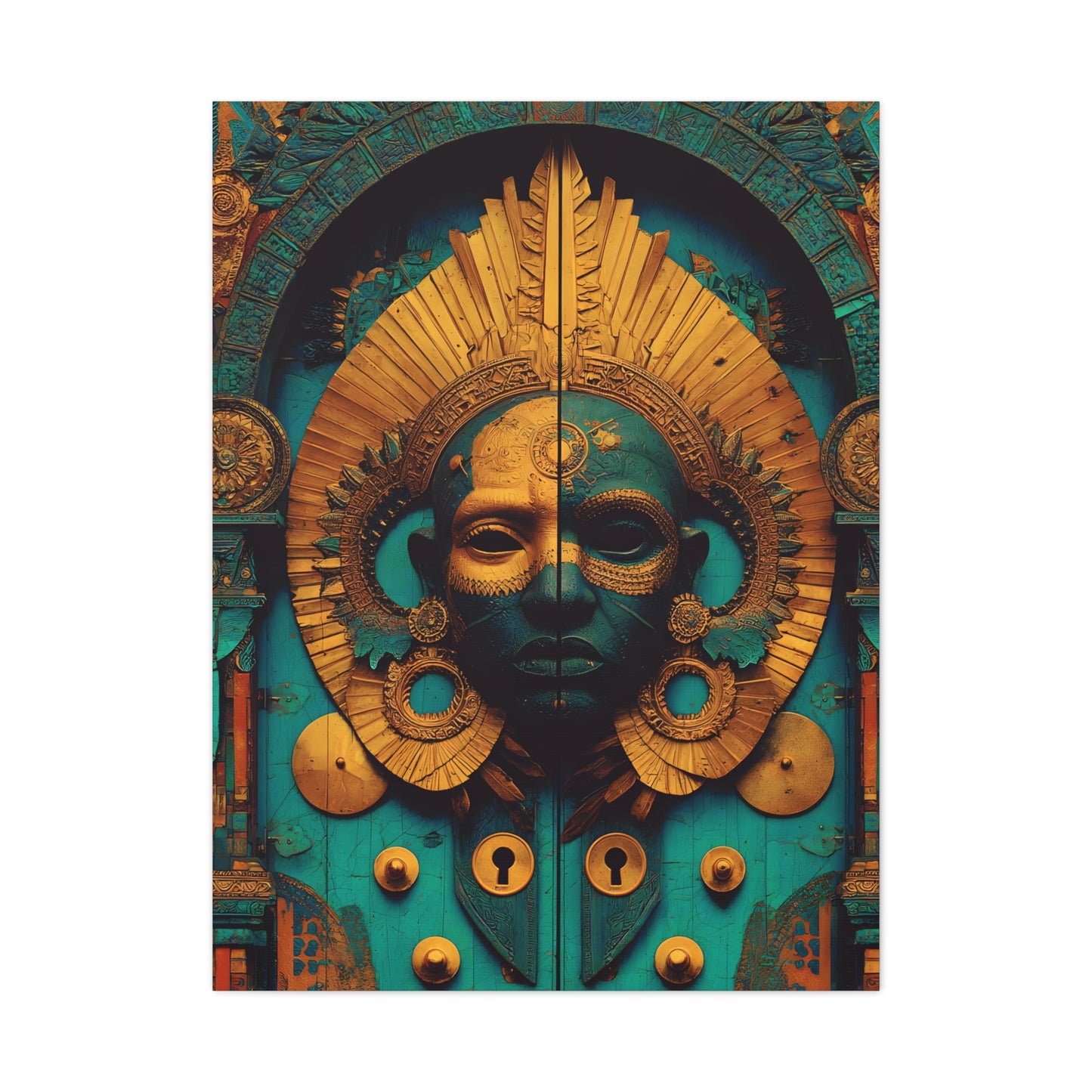 Gold & Teal Tribal Mask Matte Canvas Art — Stretched Wall Decor