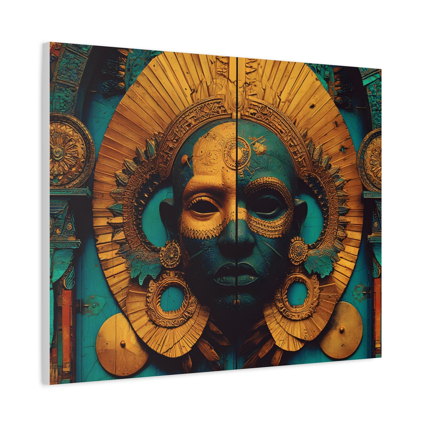 Gold & Teal Tribal Mask Matte Canvas Art — Stretched Wall Decor