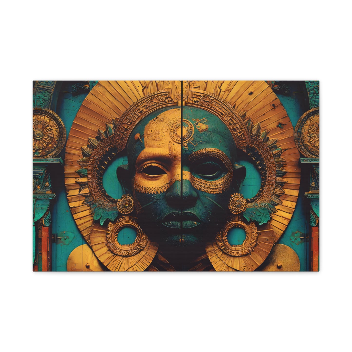 Gold & Teal Tribal Mask Matte Canvas Art — Stretched Wall Decor