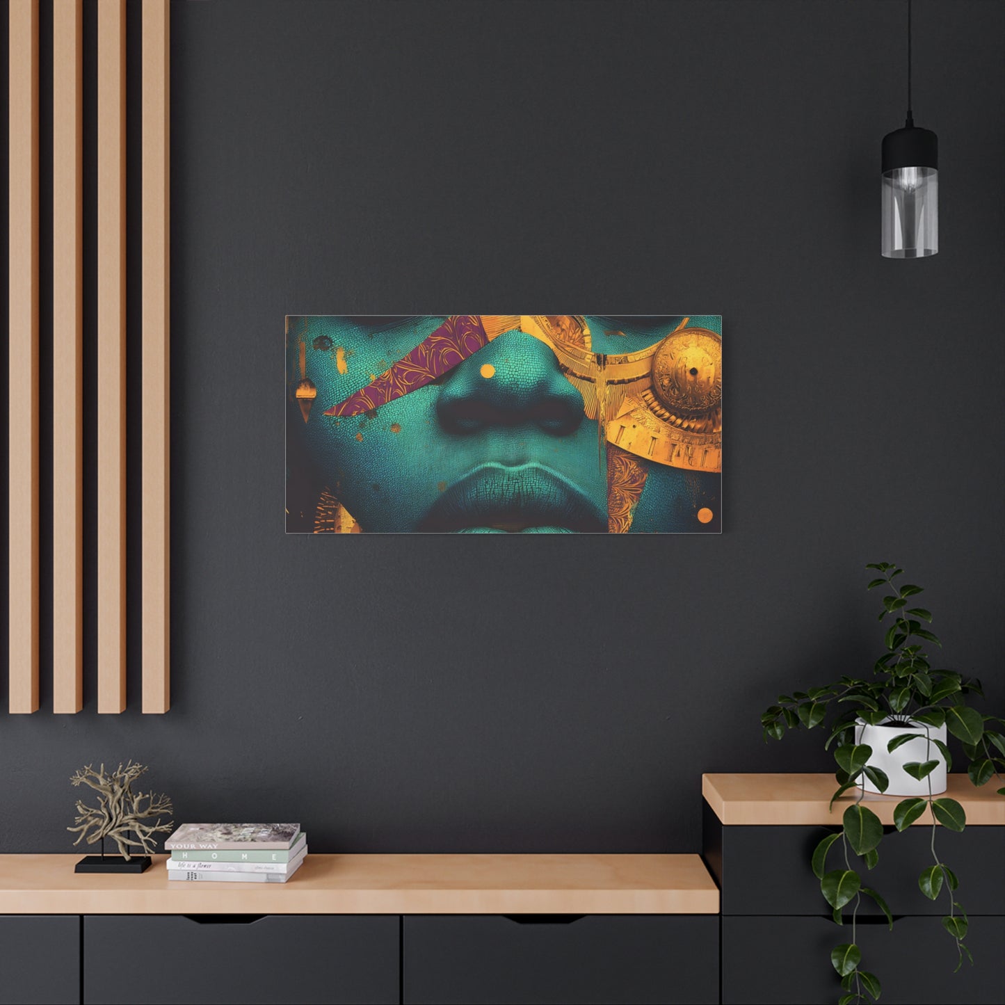 Afro-Futurist Portrait Matte Stretched Canvas — Teal & Gold Face Wall Art