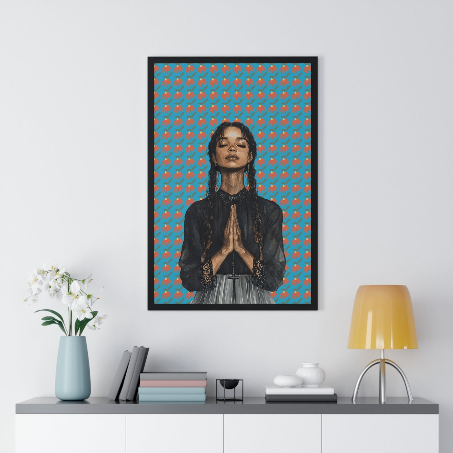 Serene Prayer Vertical Framed Poster, Meditation Art Print, Bohemian Wall Decor, Inspirational Home Decor, Gift for Her