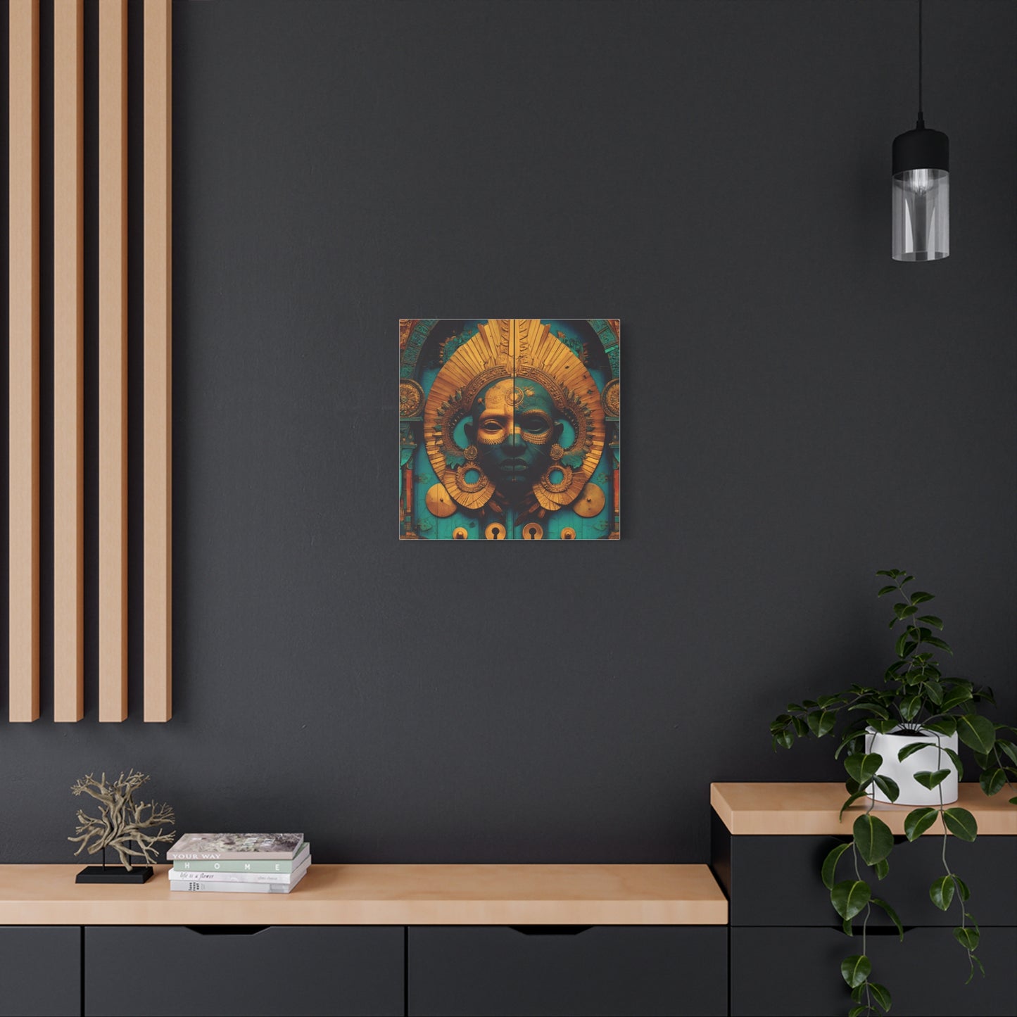 Gold & Teal Tribal Mask Matte Canvas Art — Stretched Wall Decor