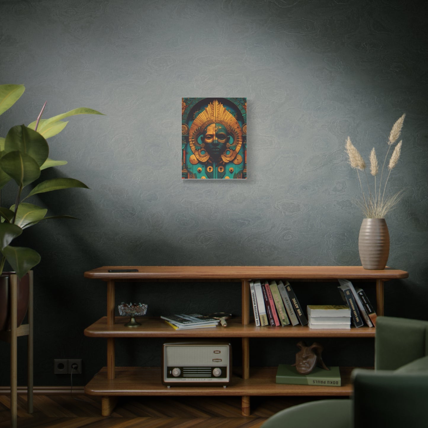 Gold & Teal Tribal Mask Matte Canvas Art — Stretched Wall Decor