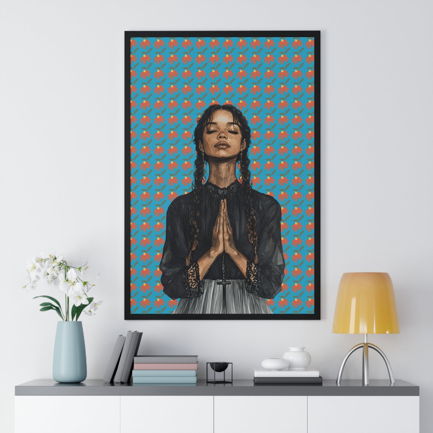 Serene Prayer Vertical Framed Poster, Meditation Art Print, Bohemian Wall Decor, Inspirational Home Decor, Gift for Her