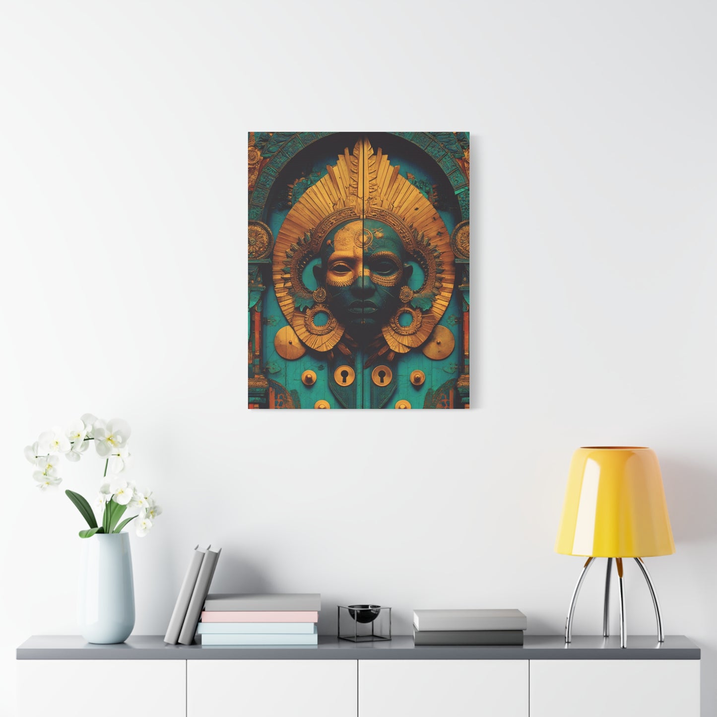 Gold & Teal Tribal Mask Matte Canvas Art — Stretched Wall Decor