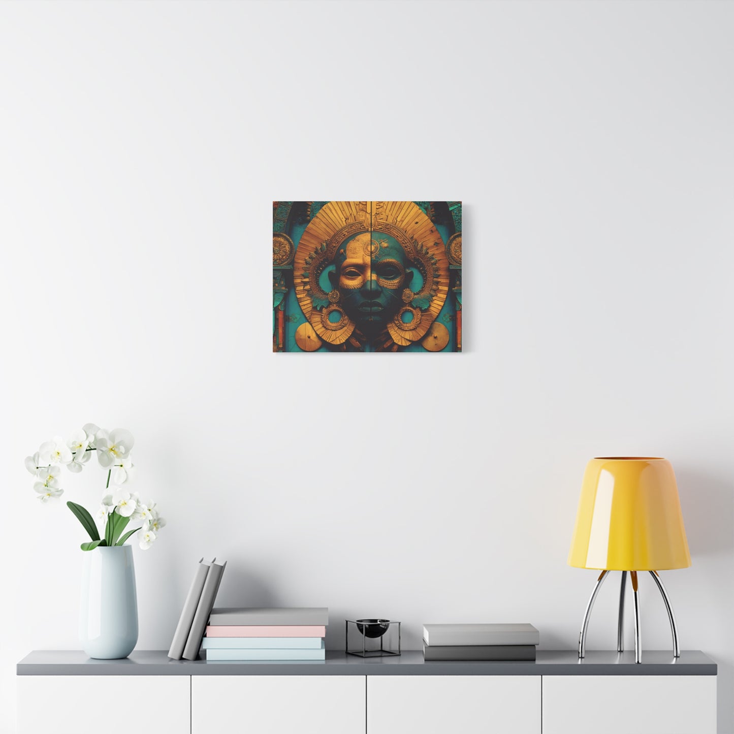 Gold & Teal Tribal Mask Matte Canvas Art — Stretched Wall Decor