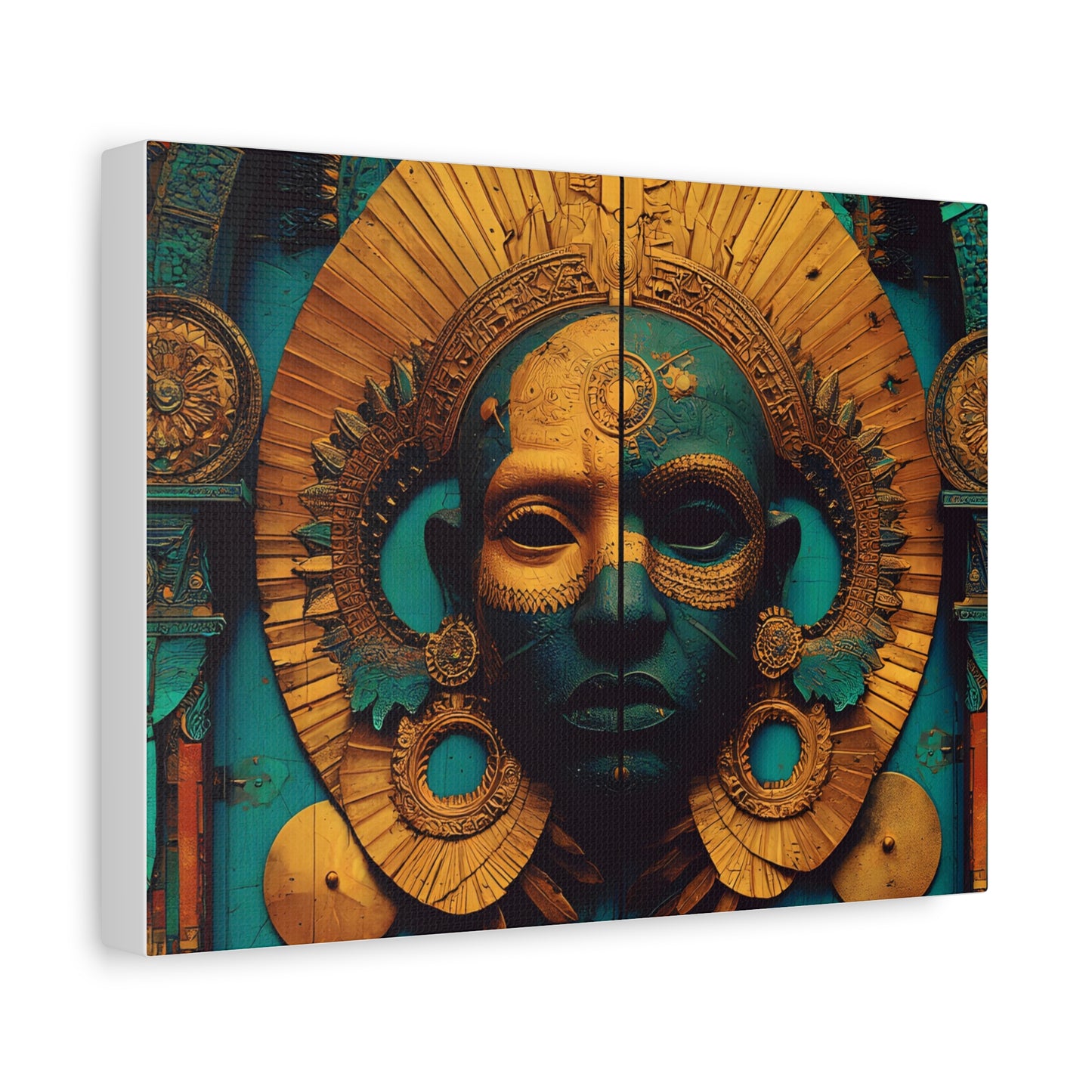 Gold & Teal Tribal Mask Matte Canvas Art — Stretched Wall Decor