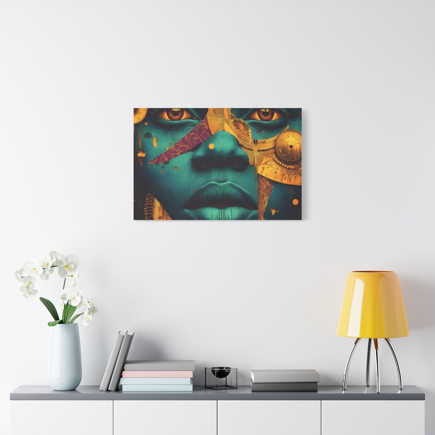 Afro-Futurist Portrait Matte Stretched Canvas — Teal & Gold Face Wall Art