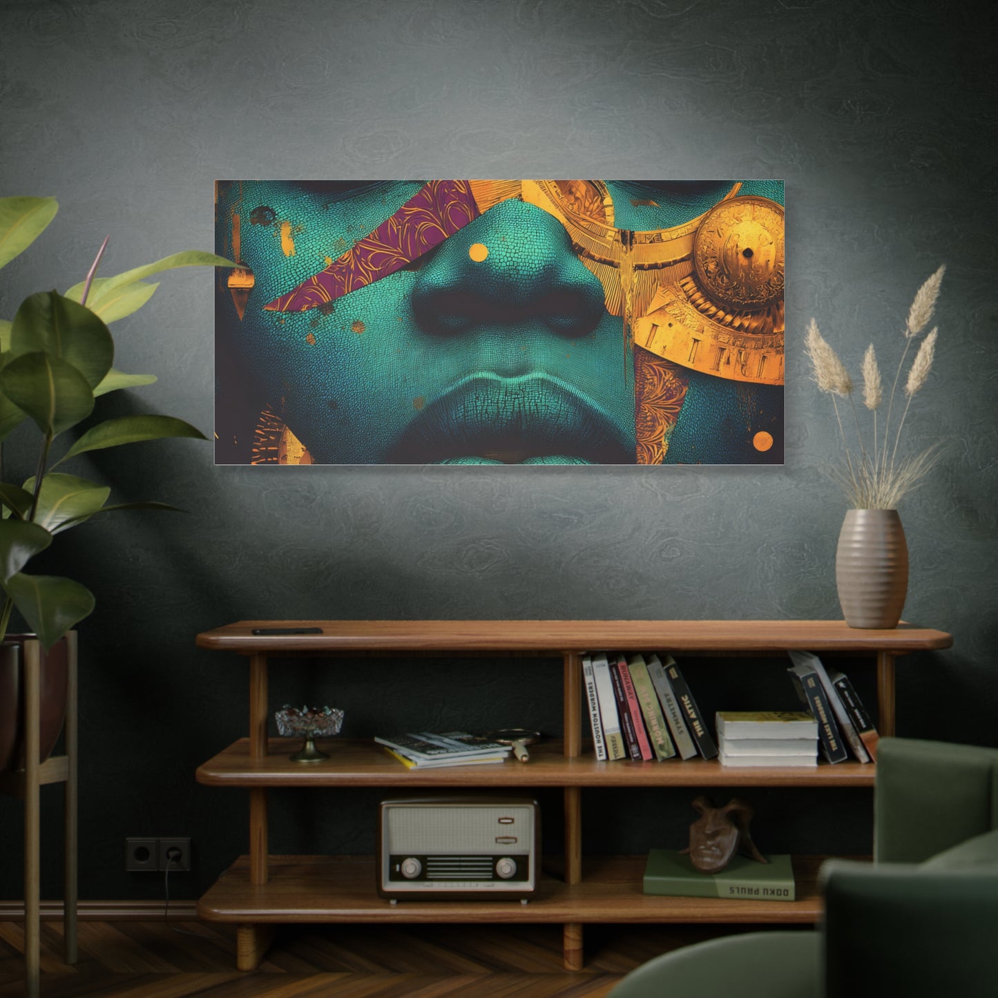 Afro-Futurist Portrait Matte Stretched Canvas — Teal & Gold Face Wall Art