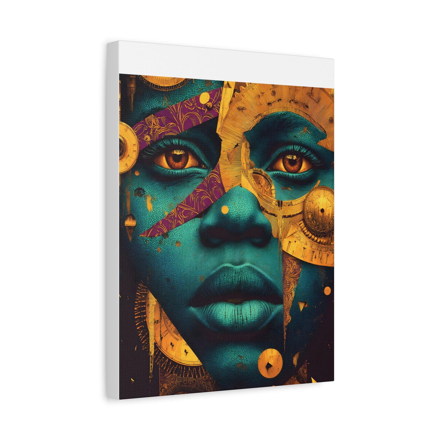 Afro-Futurist Portrait Matte Stretched Canvas — Teal & Gold Face Wall Art
