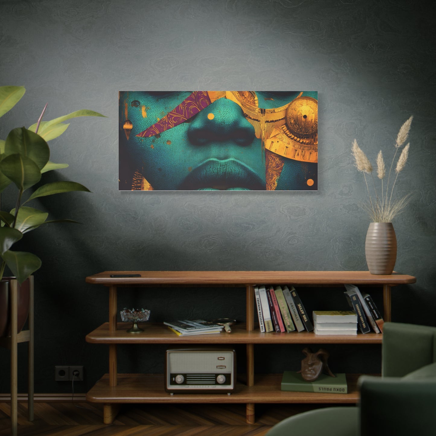 Afro-Futurist Portrait Matte Stretched Canvas — Teal & Gold Face Wall Art