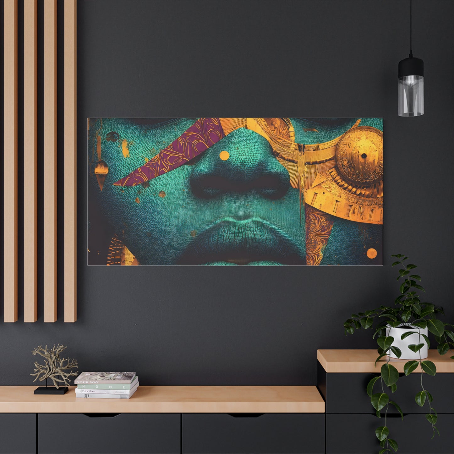 Afro-Futurist Portrait Matte Stretched Canvas — Teal & Gold Face Wall Art