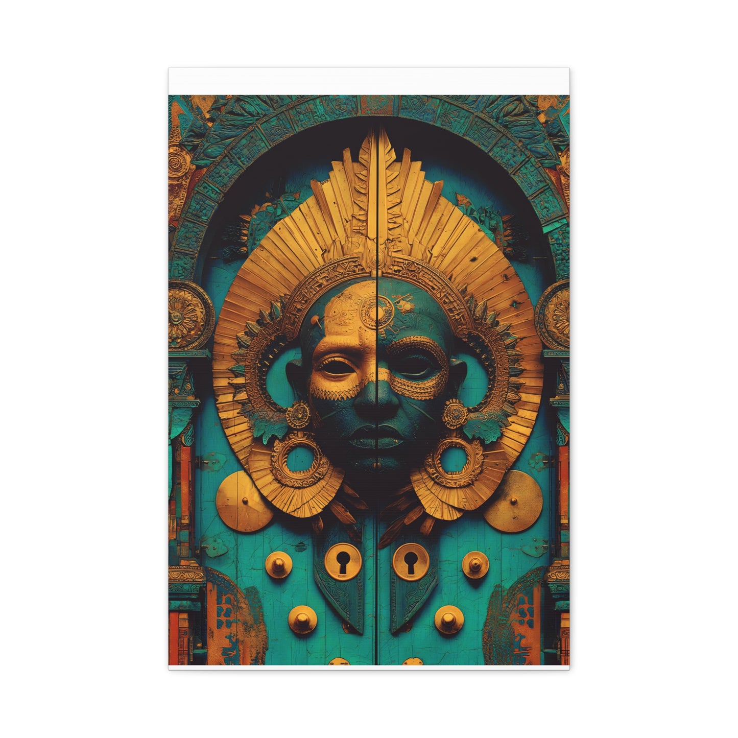 Gold & Teal Tribal Mask Matte Canvas Art — Stretched Wall Decor