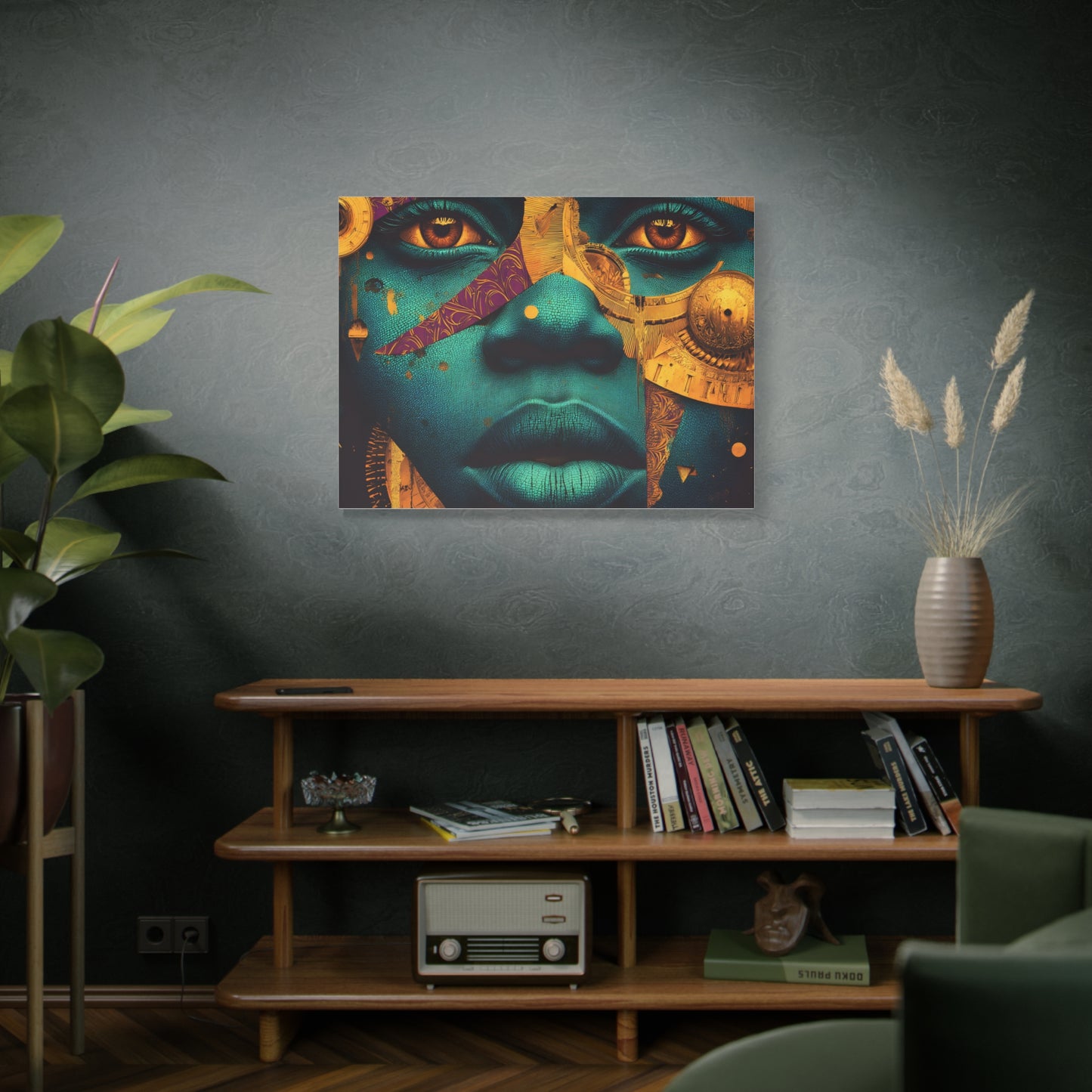 Afro-Futurist Portrait Matte Stretched Canvas — Teal & Gold Face Wall Art