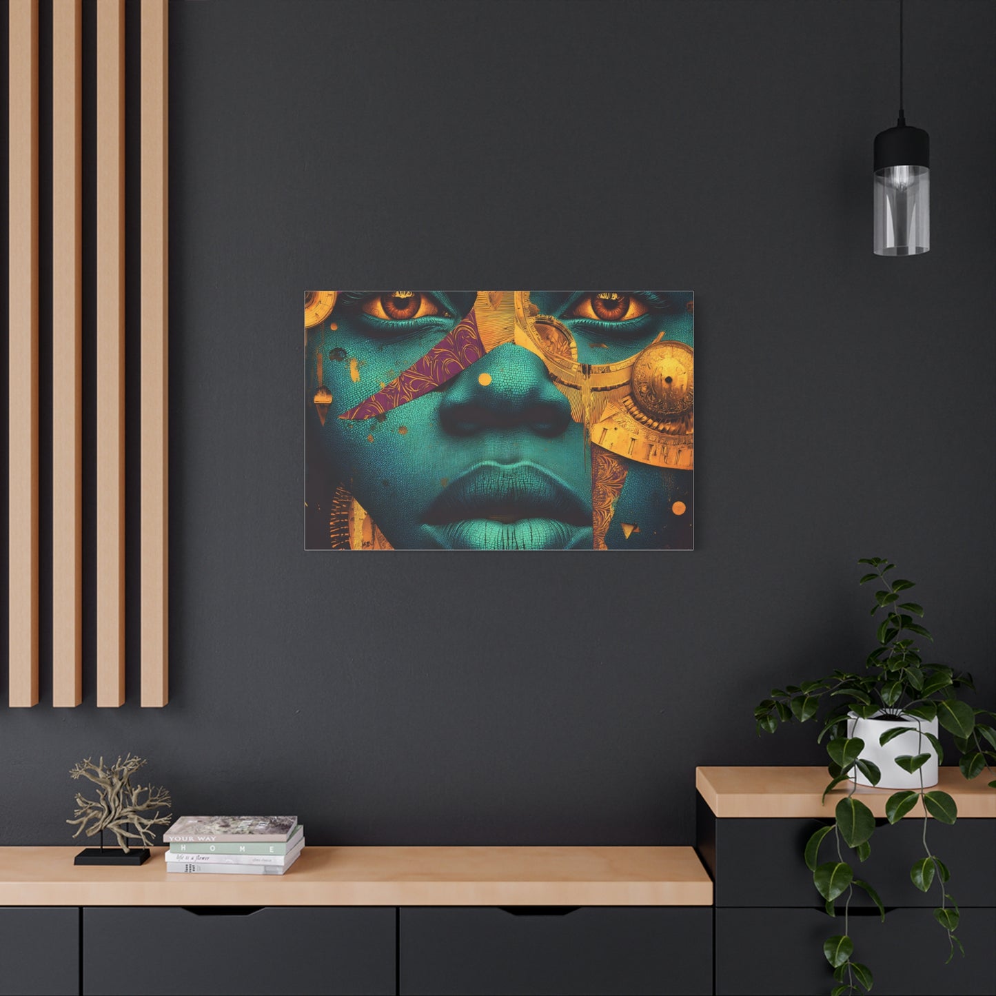 Afro-Futurist Portrait Matte Stretched Canvas — Teal & Gold Face Wall Art