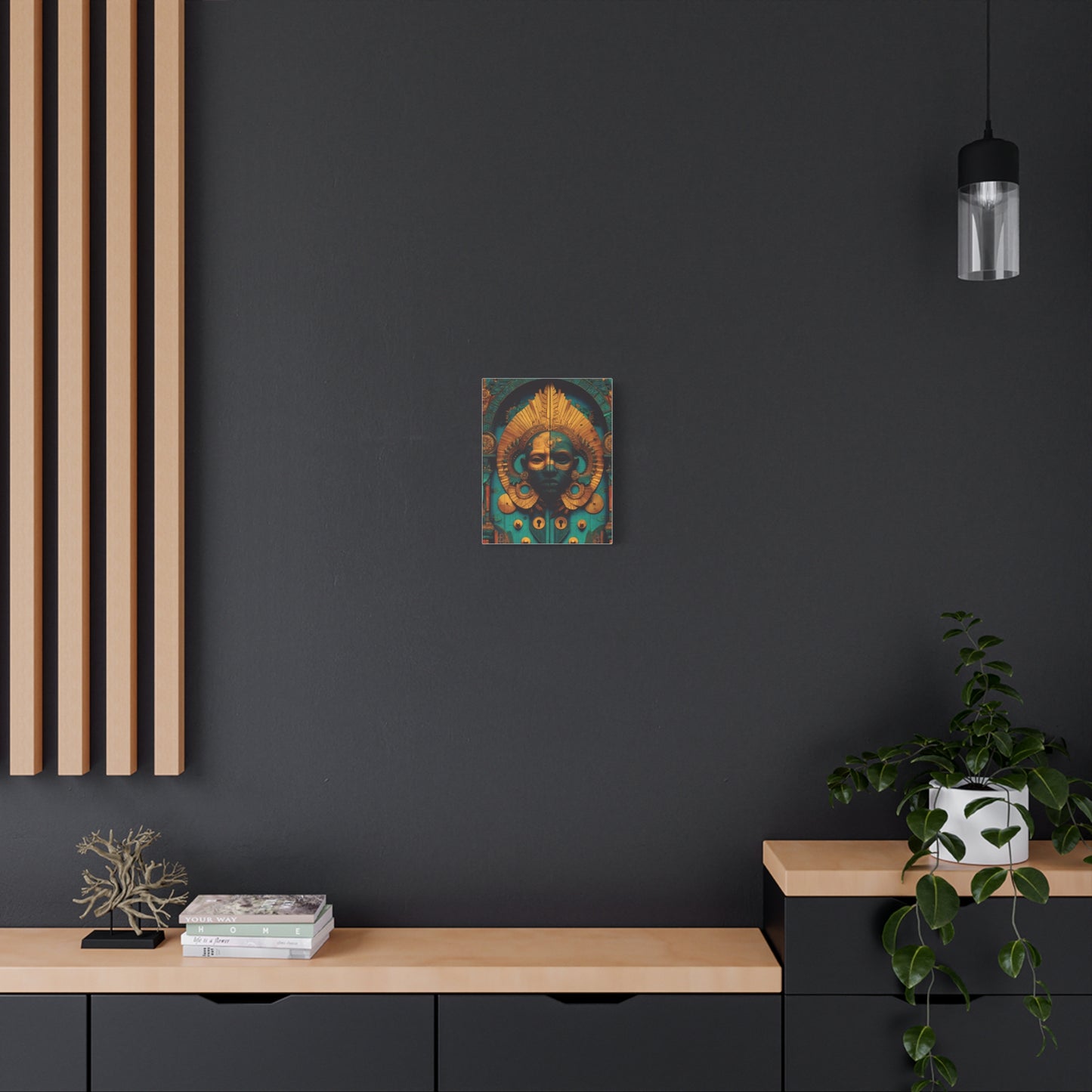 Gold & Teal Tribal Mask Matte Canvas Art — Stretched Wall Decor
