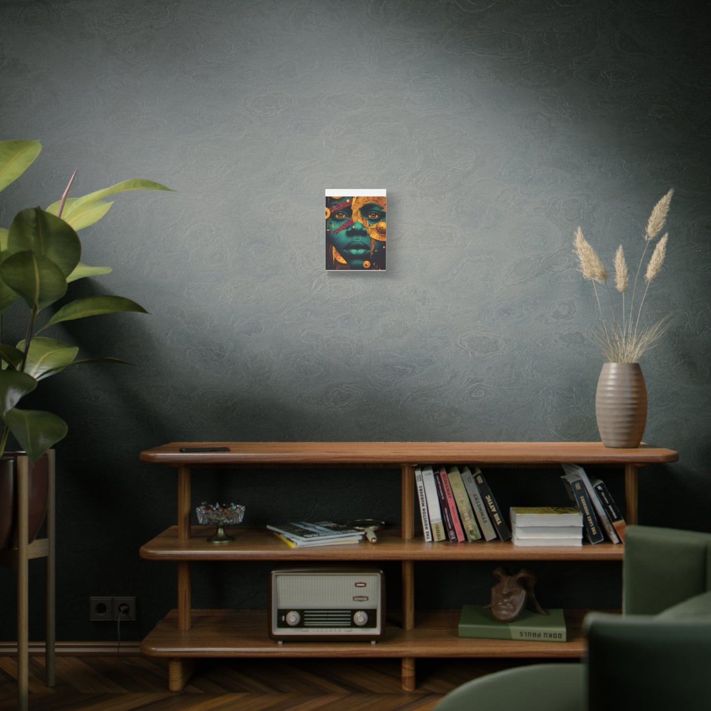 Afro-Futurist Portrait Matte Stretched Canvas — Teal & Gold Face Wall Art