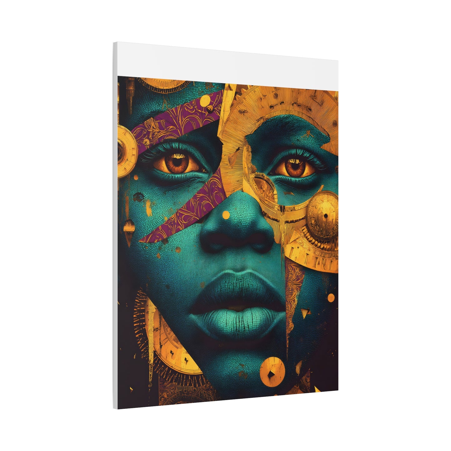 Afro-Futurist Portrait Matte Stretched Canvas — Teal & Gold Face Wall Art