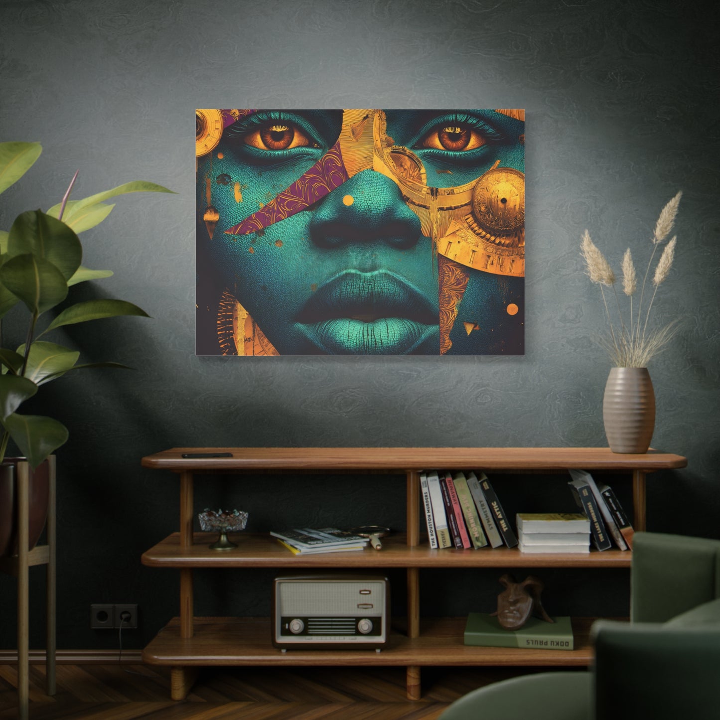 Afro-Futurist Portrait Matte Stretched Canvas — Teal & Gold Face Wall Art