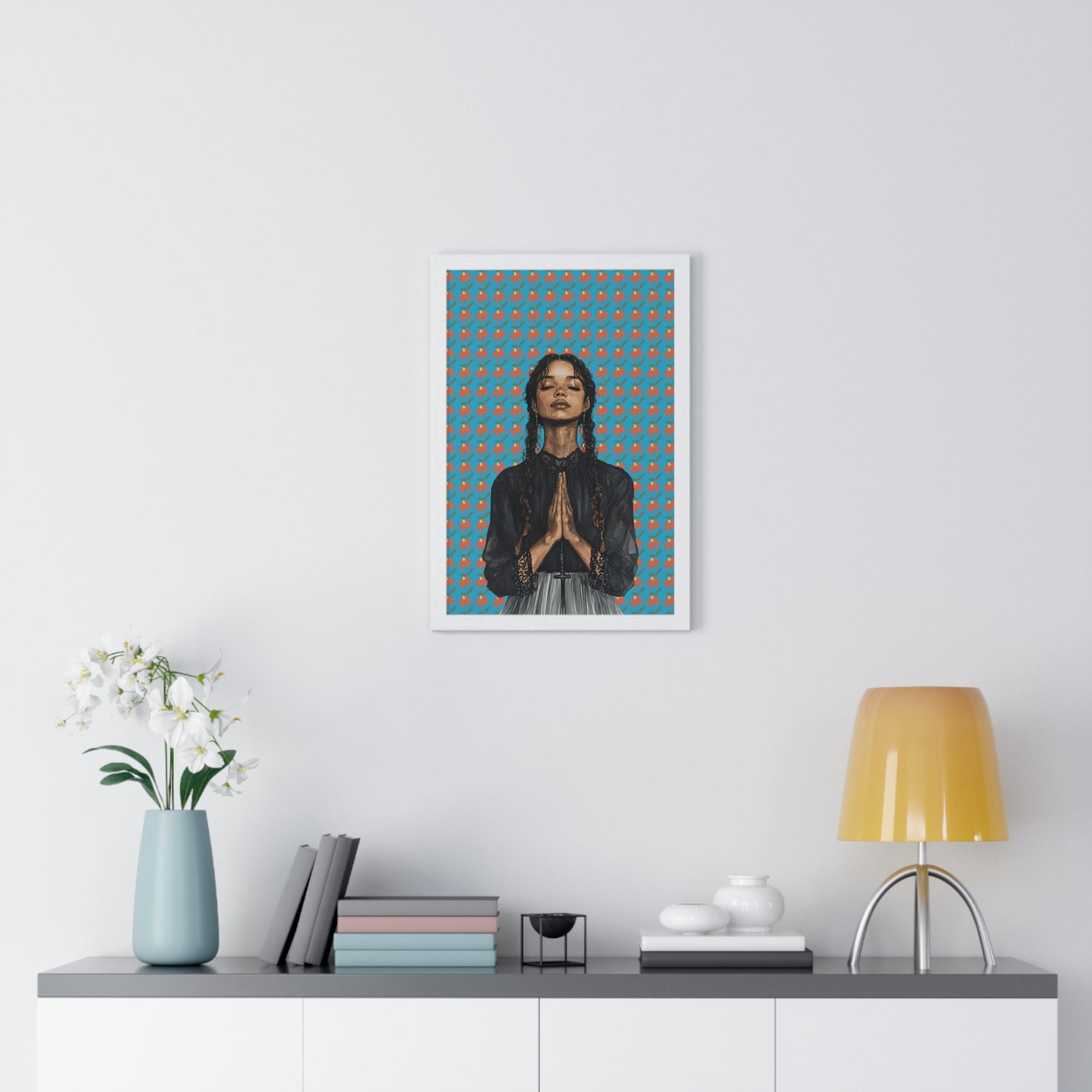 Serene Prayer Vertical Framed Poster, Meditation Art Print, Bohemian Wall Decor, Inspirational Home Decor, Gift for Her