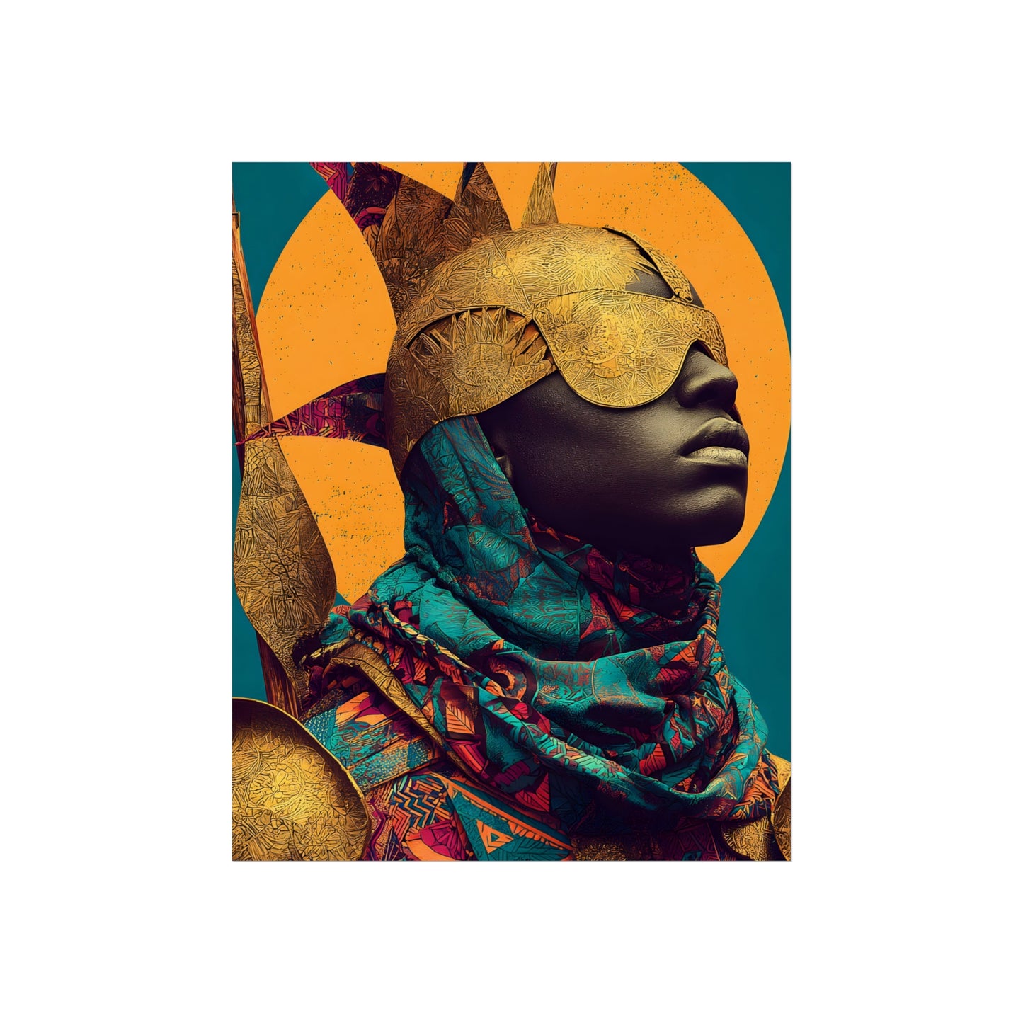 Golden Masked Figure poster | Fine Art Poster, Afrocentric Portrait, Abstract Halo