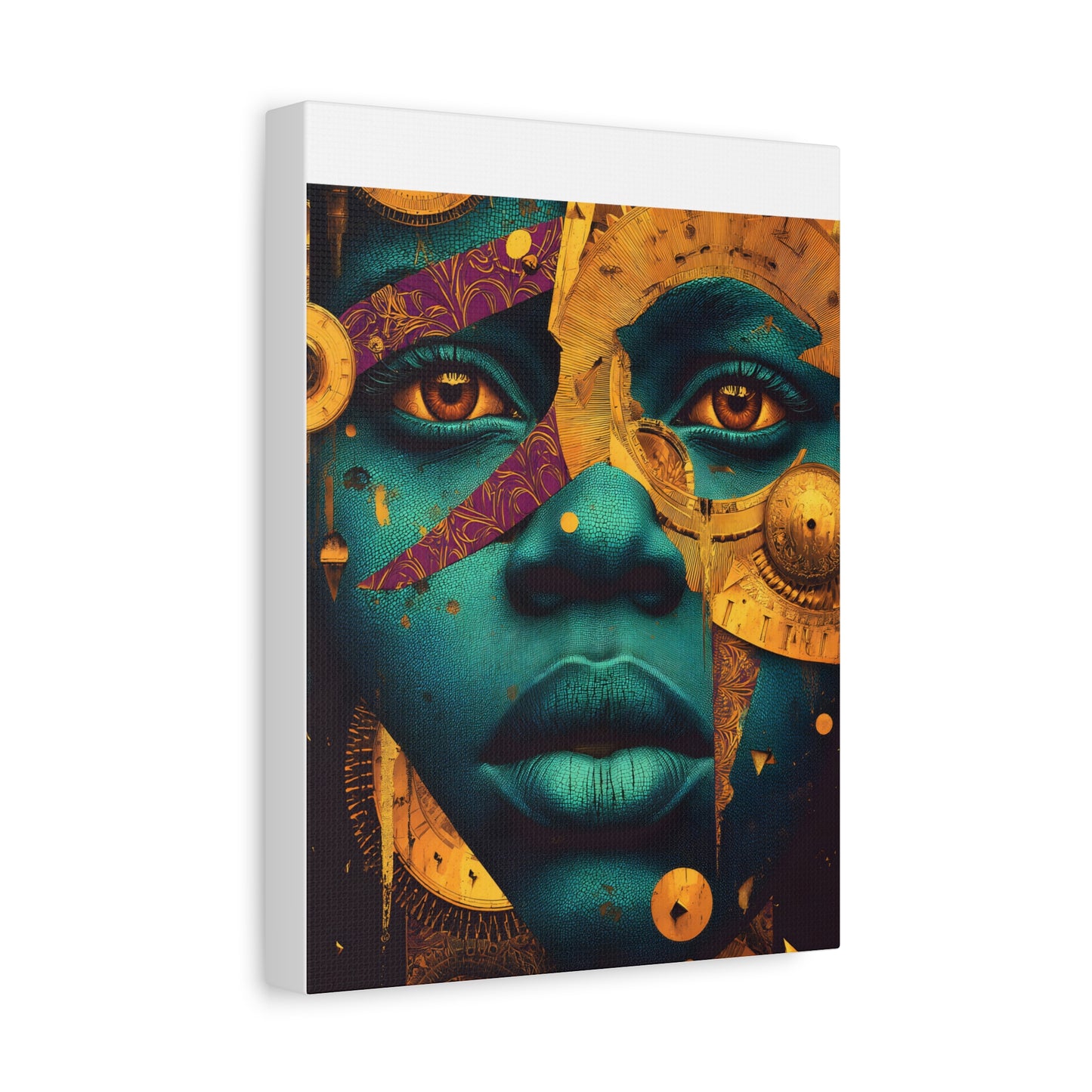 Afro-Futurist Portrait Matte Stretched Canvas — Teal & Gold Face Wall Art