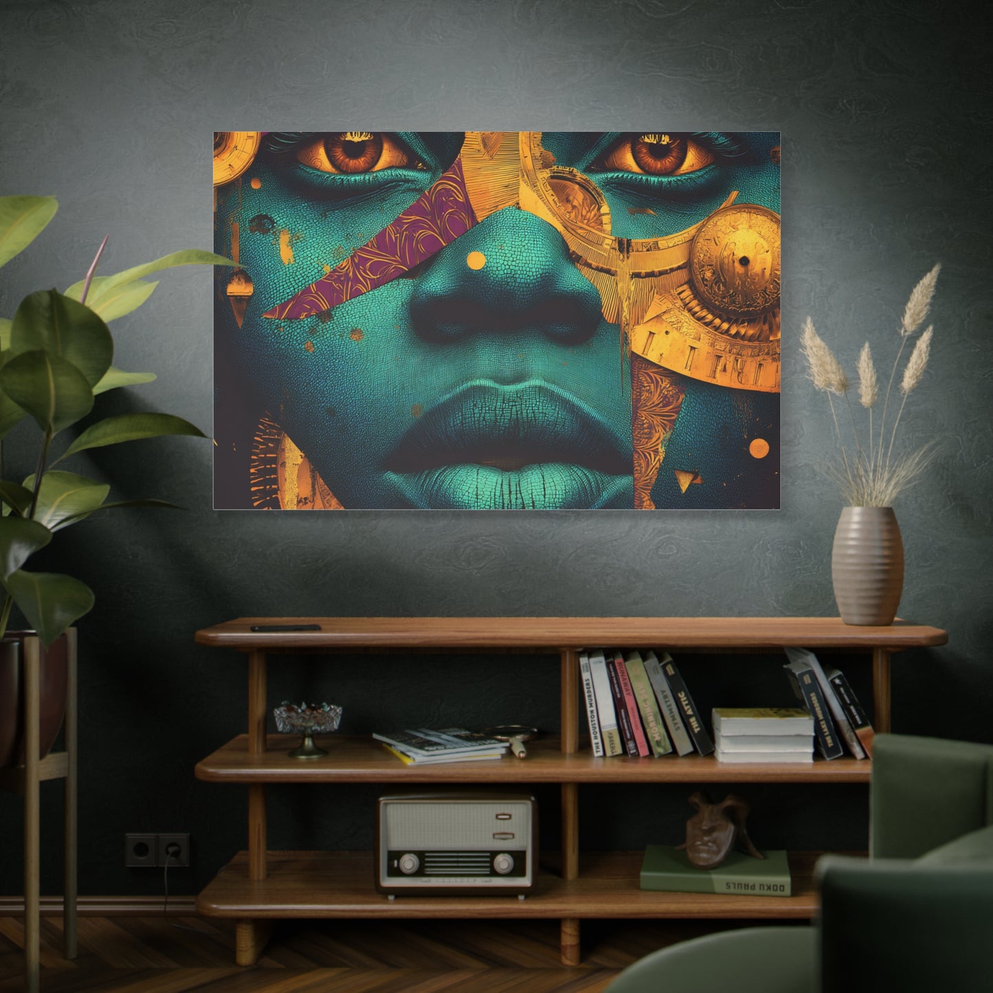 Afro-Futurist Portrait Matte Stretched Canvas — Teal & Gold Face Wall Art