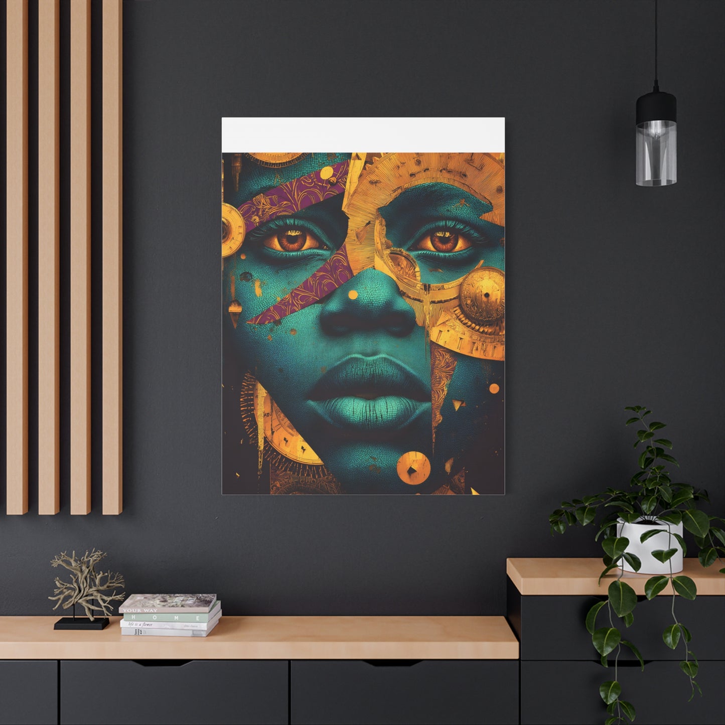 Afro-Futurist Portrait Matte Stretched Canvas — Teal & Gold Face Wall Art