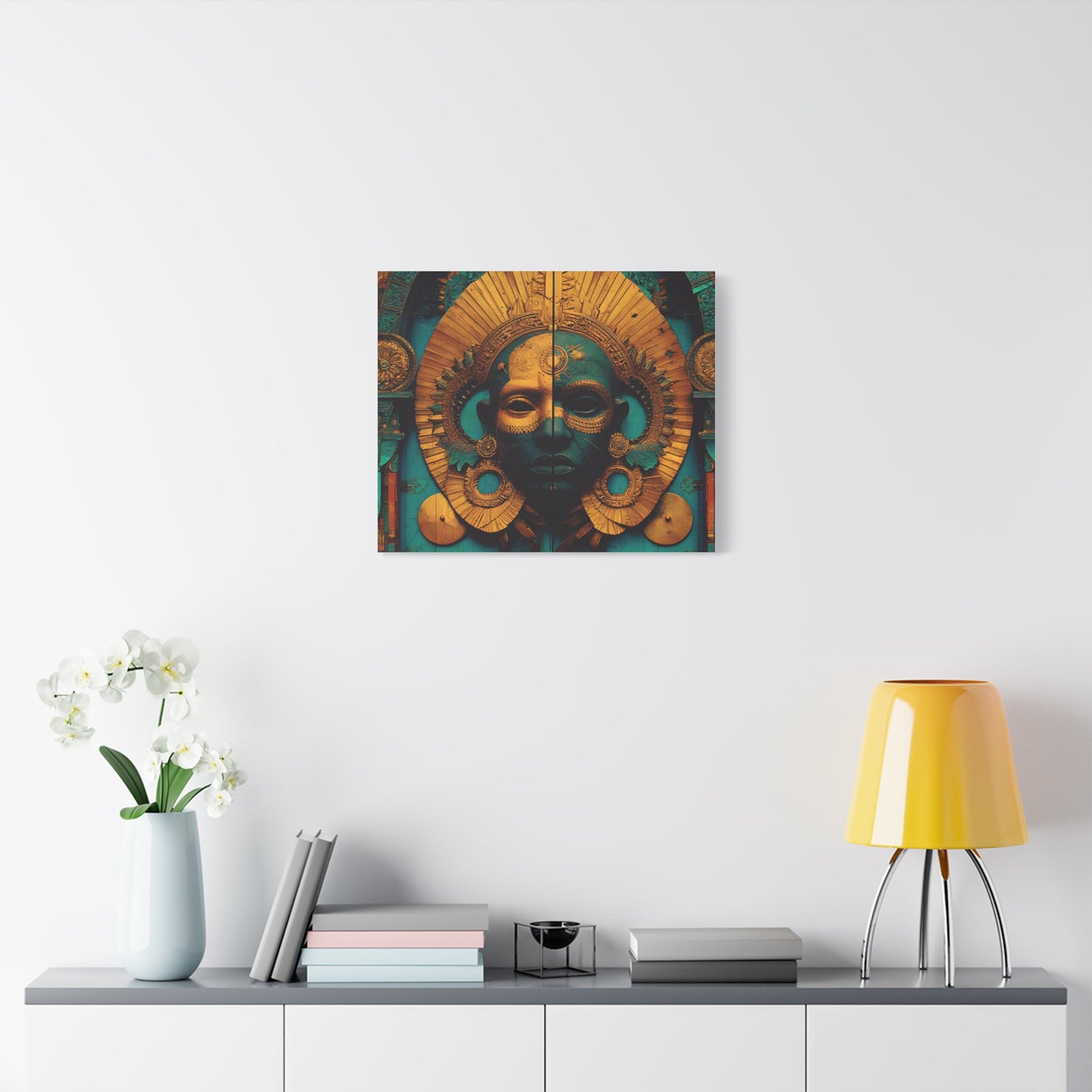 Gold & Teal Tribal Mask Matte Canvas Art — Stretched Wall Decor