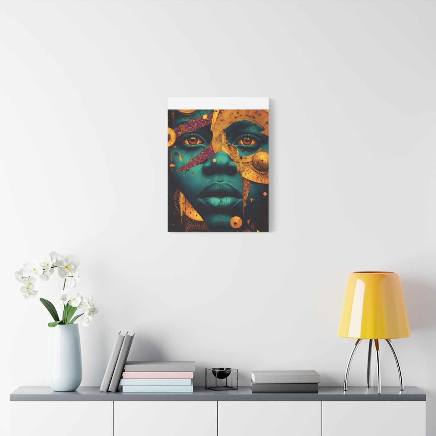 Afro-Futurist Portrait Matte Stretched Canvas — Teal & Gold Face Wall Art