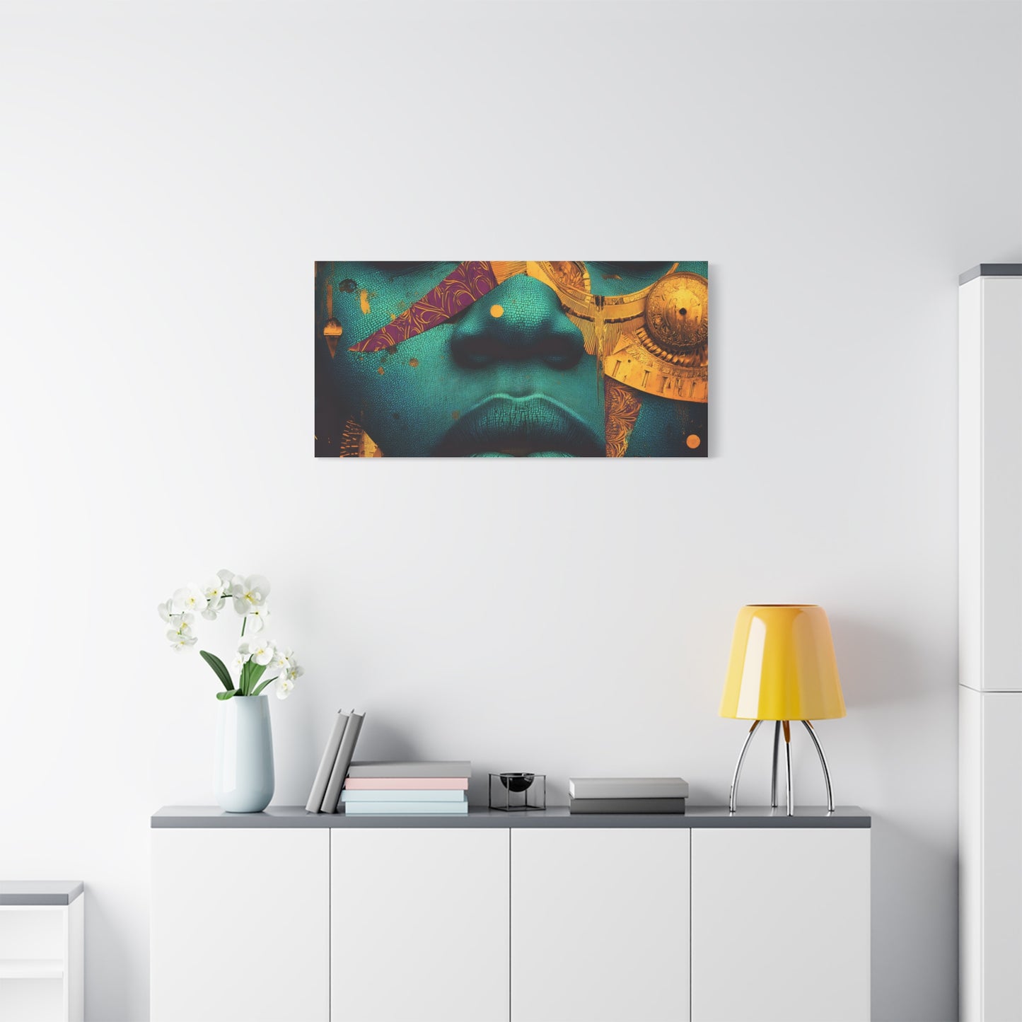 Afro-Futurist Portrait Matte Stretched Canvas — Teal & Gold Face Wall Art
