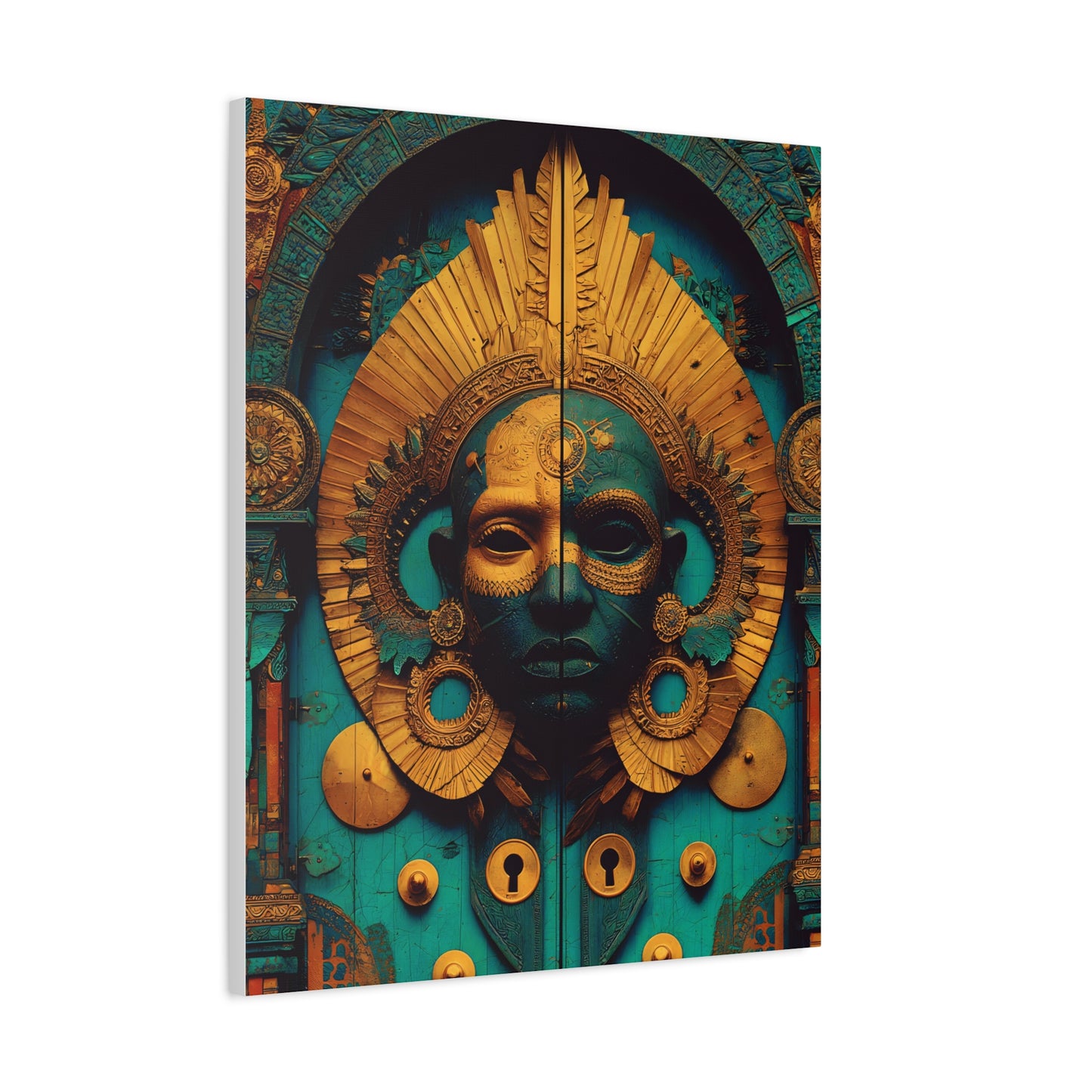 Gold & Teal Tribal Mask Matte Canvas Art — Stretched Wall Decor