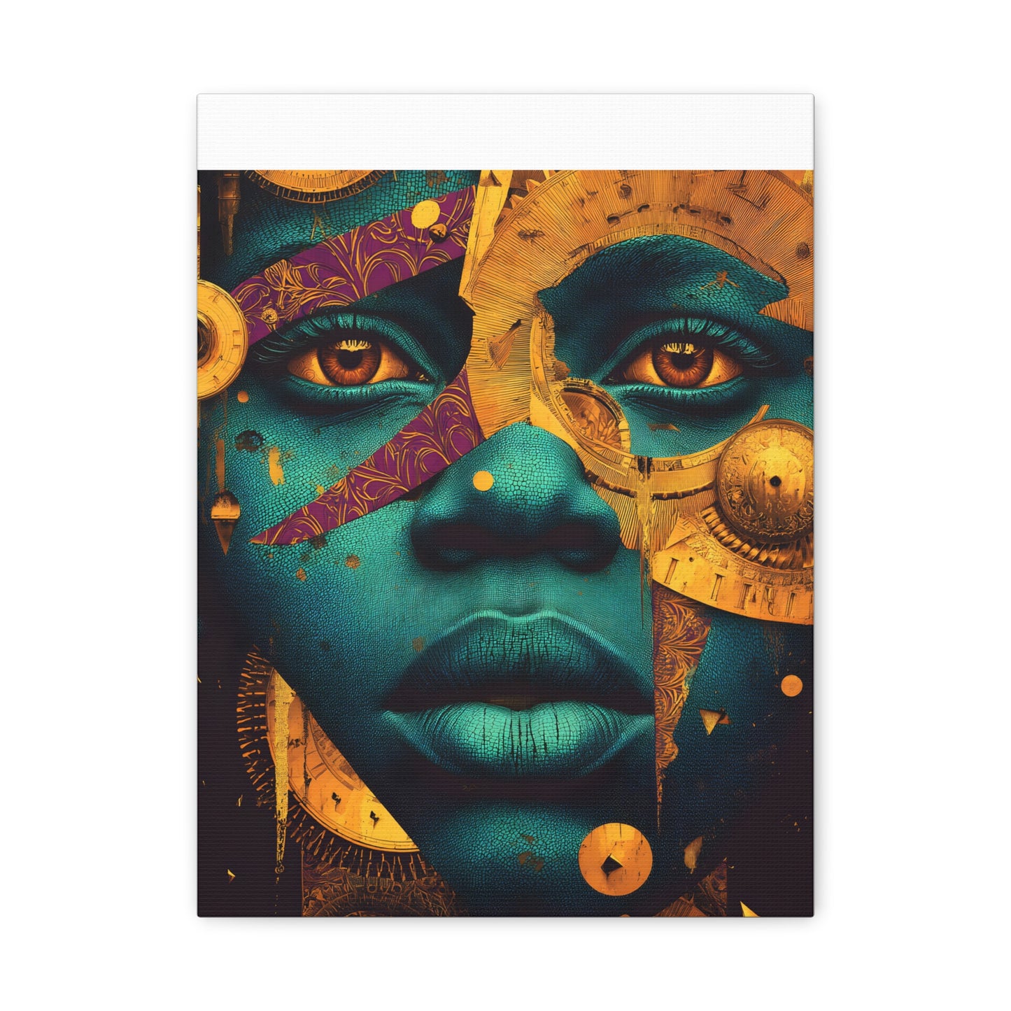 Afro-Futurist Portrait Matte Stretched Canvas — Teal & Gold Face Wall Art