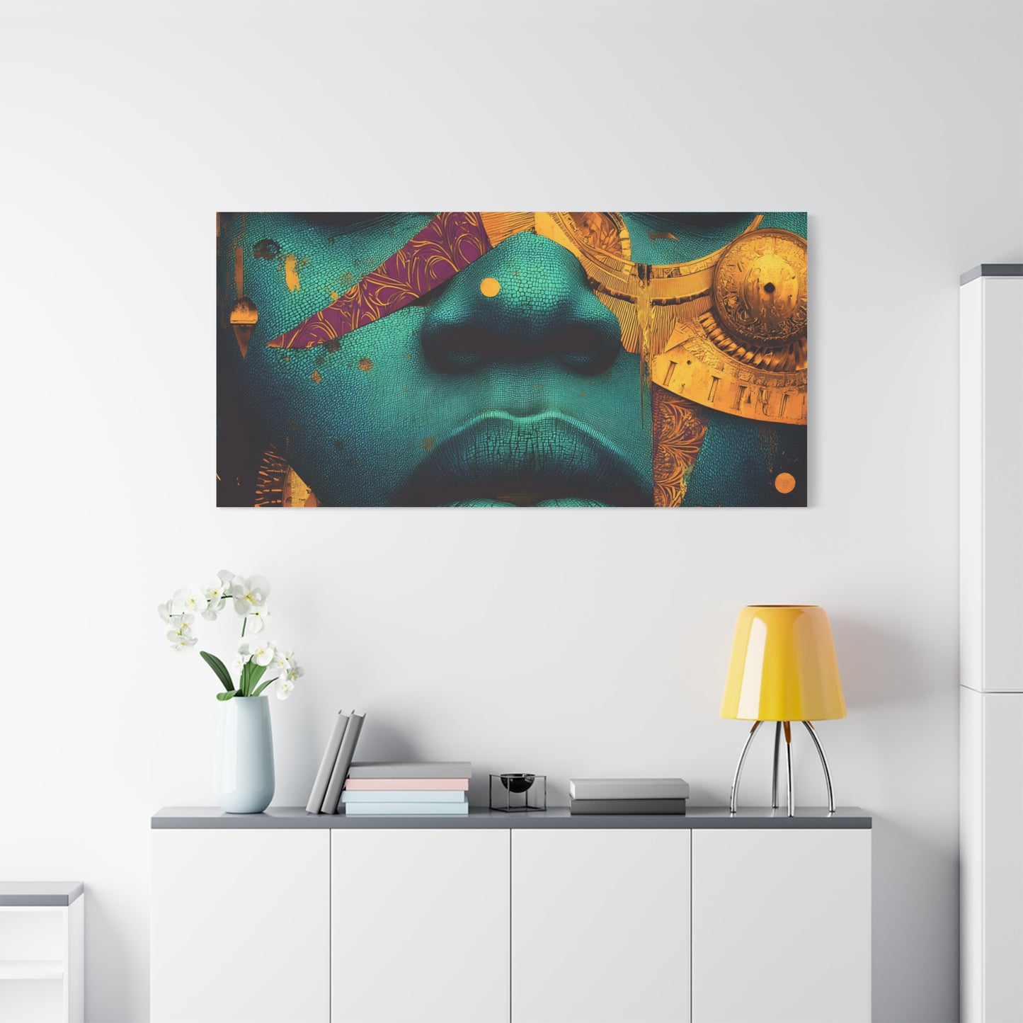 Afro-Futurist Portrait Matte Stretched Canvas — Teal & Gold Face Wall Art