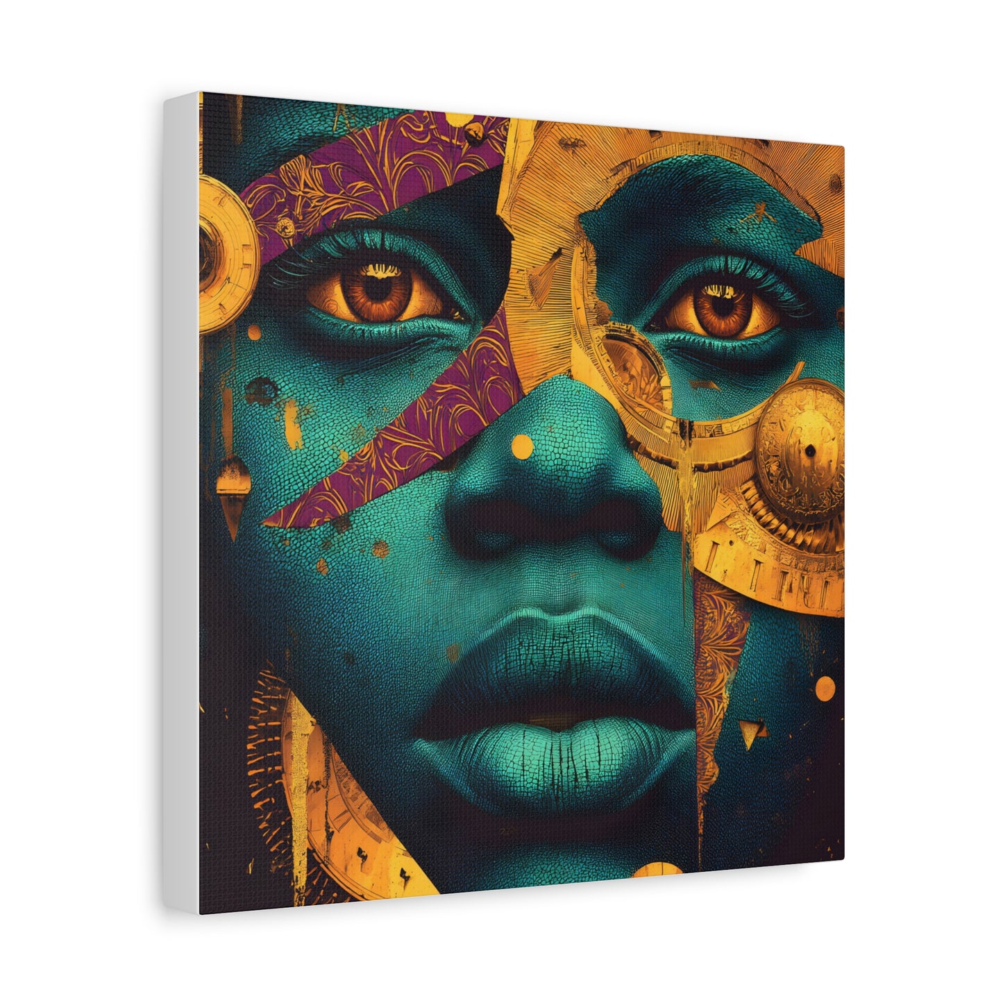 Afro-Futurist Portrait Matte Stretched Canvas — Teal & Gold Face Wall Art