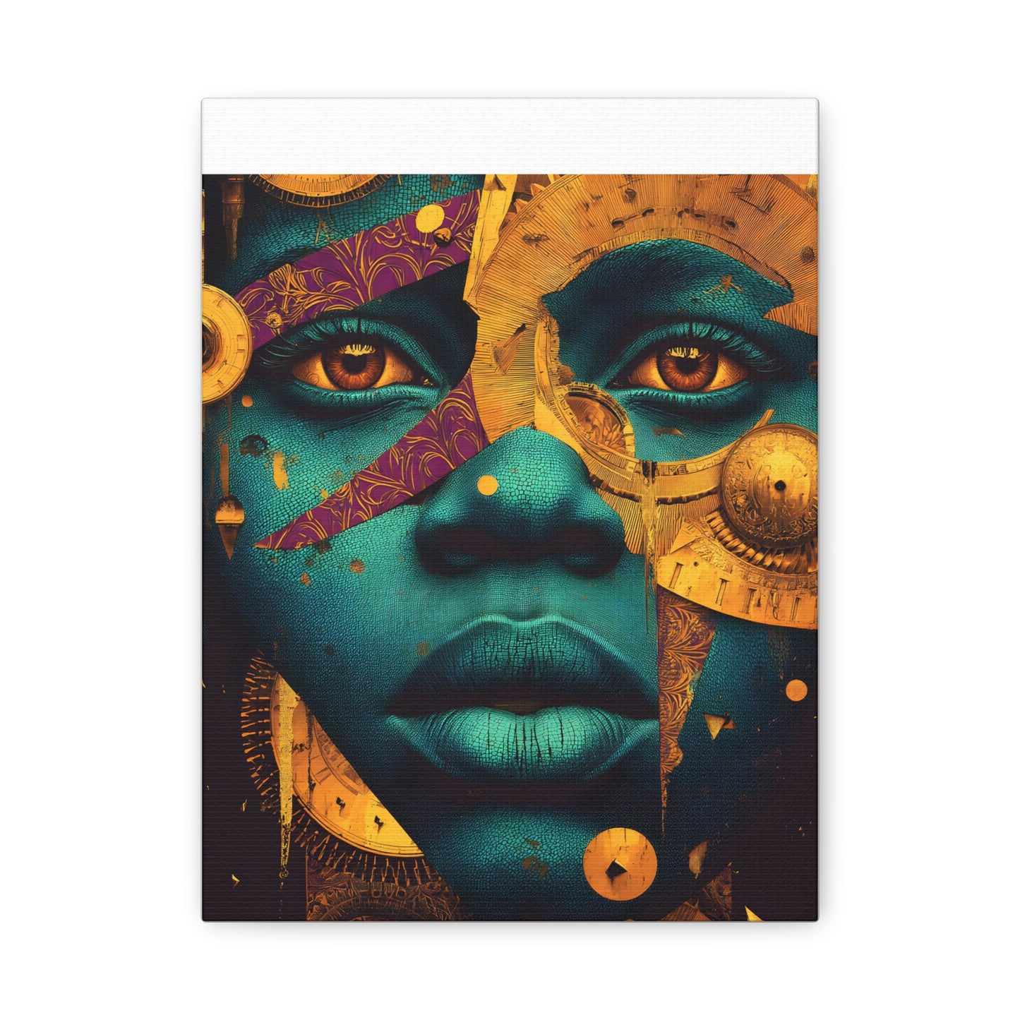 Afro-Futurist Portrait Matte Stretched Canvas — Teal & Gold Face Wall Art