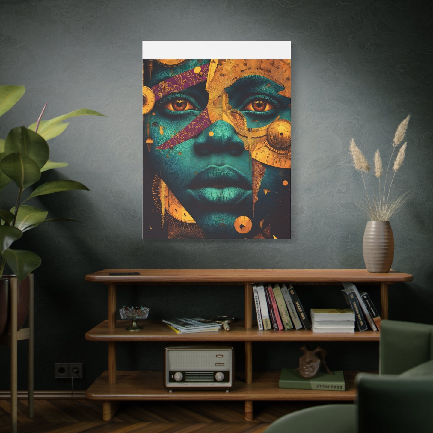 Afro-Futurist Portrait Matte Stretched Canvas — Teal & Gold Face Wall Art