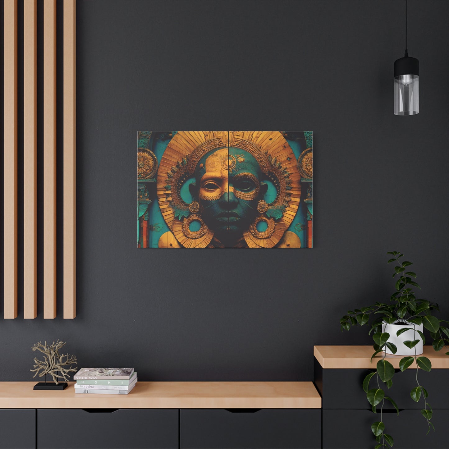 Gold & Teal Tribal Mask Matte Canvas Art — Stretched Wall Decor