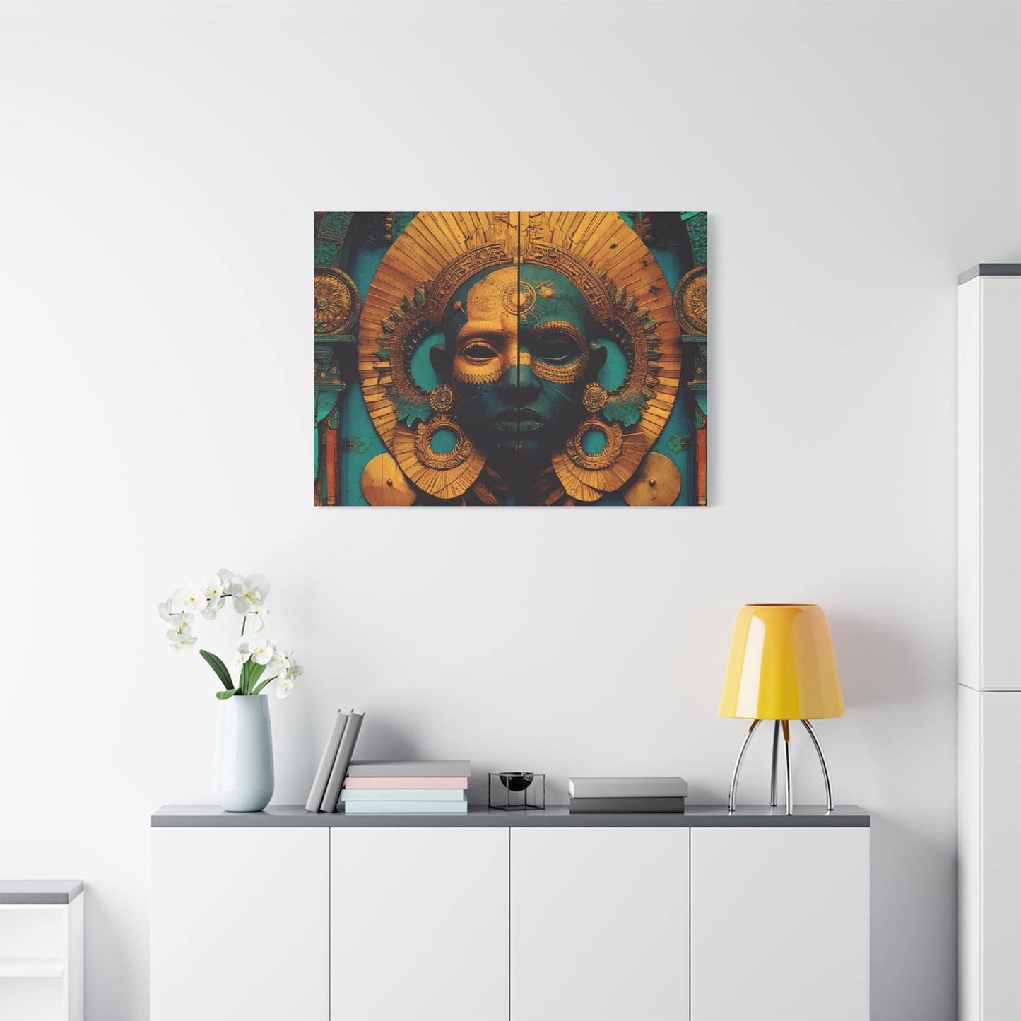 Gold & Teal Tribal Mask Matte Canvas Art — Stretched Wall Decor