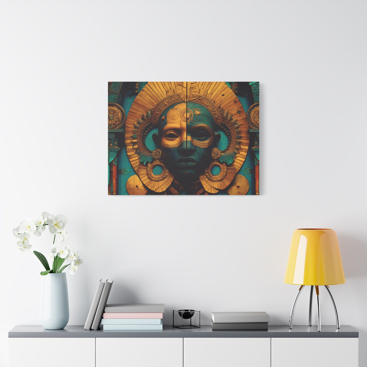 Gold & Teal Tribal Mask Matte Canvas Art — Stretched Wall Decor