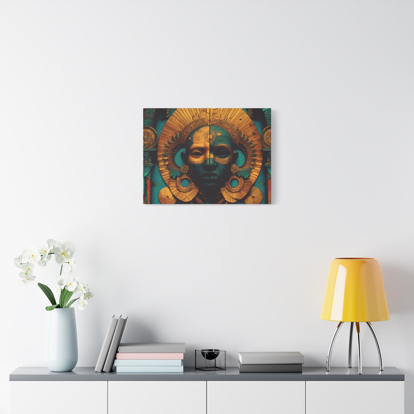 Gold & Teal Tribal Mask Matte Canvas Art — Stretched Wall Decor