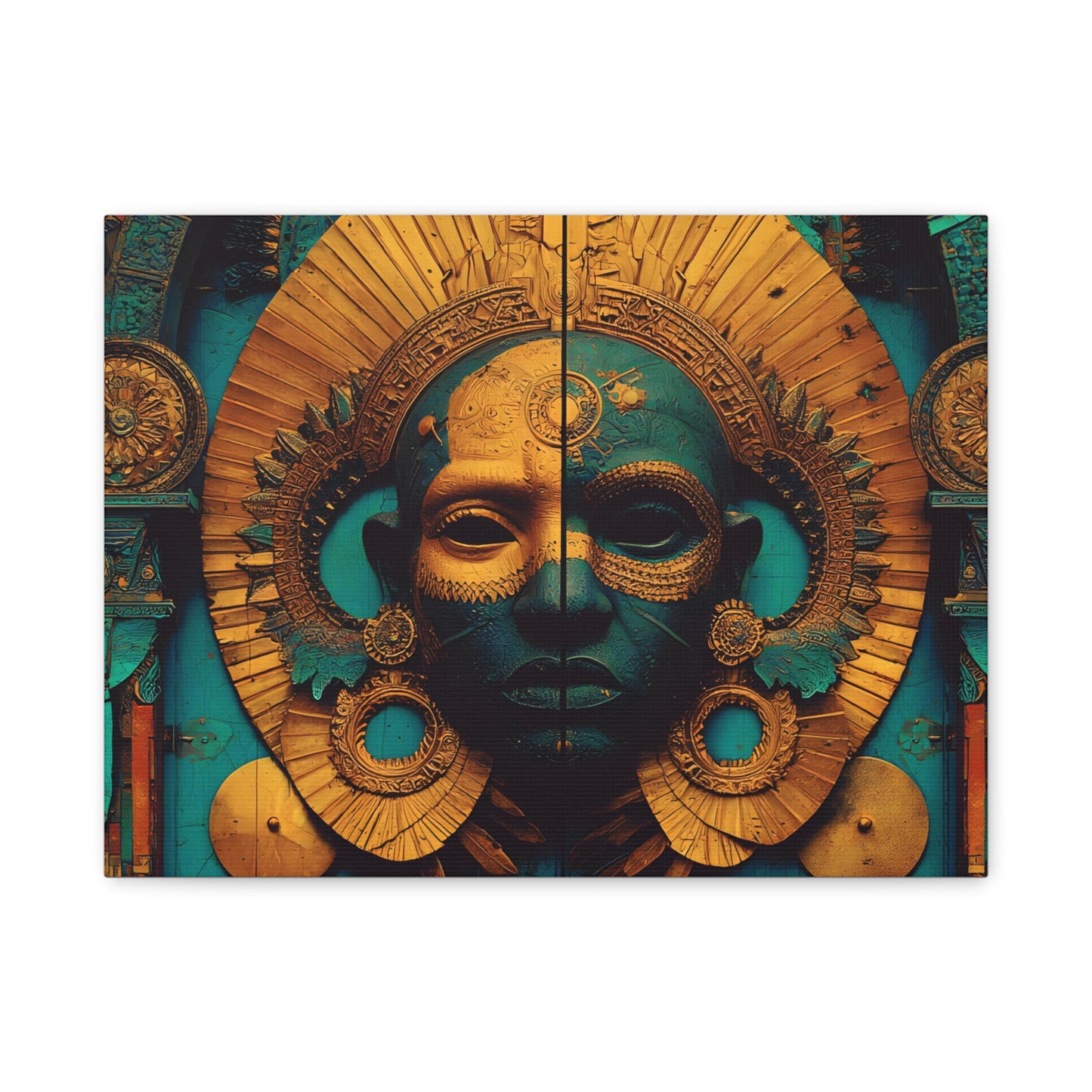 Gold & Teal Tribal Mask Matte Canvas Art — Stretched Wall Decor