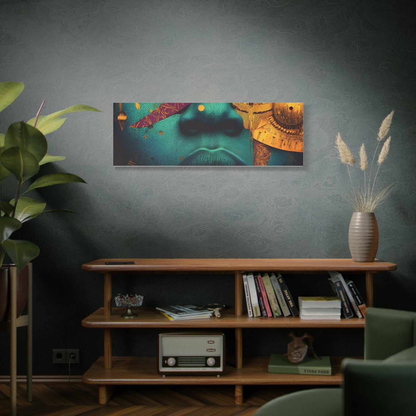 Afro-Futurist Portrait Matte Stretched Canvas — Teal & Gold Face Wall Art